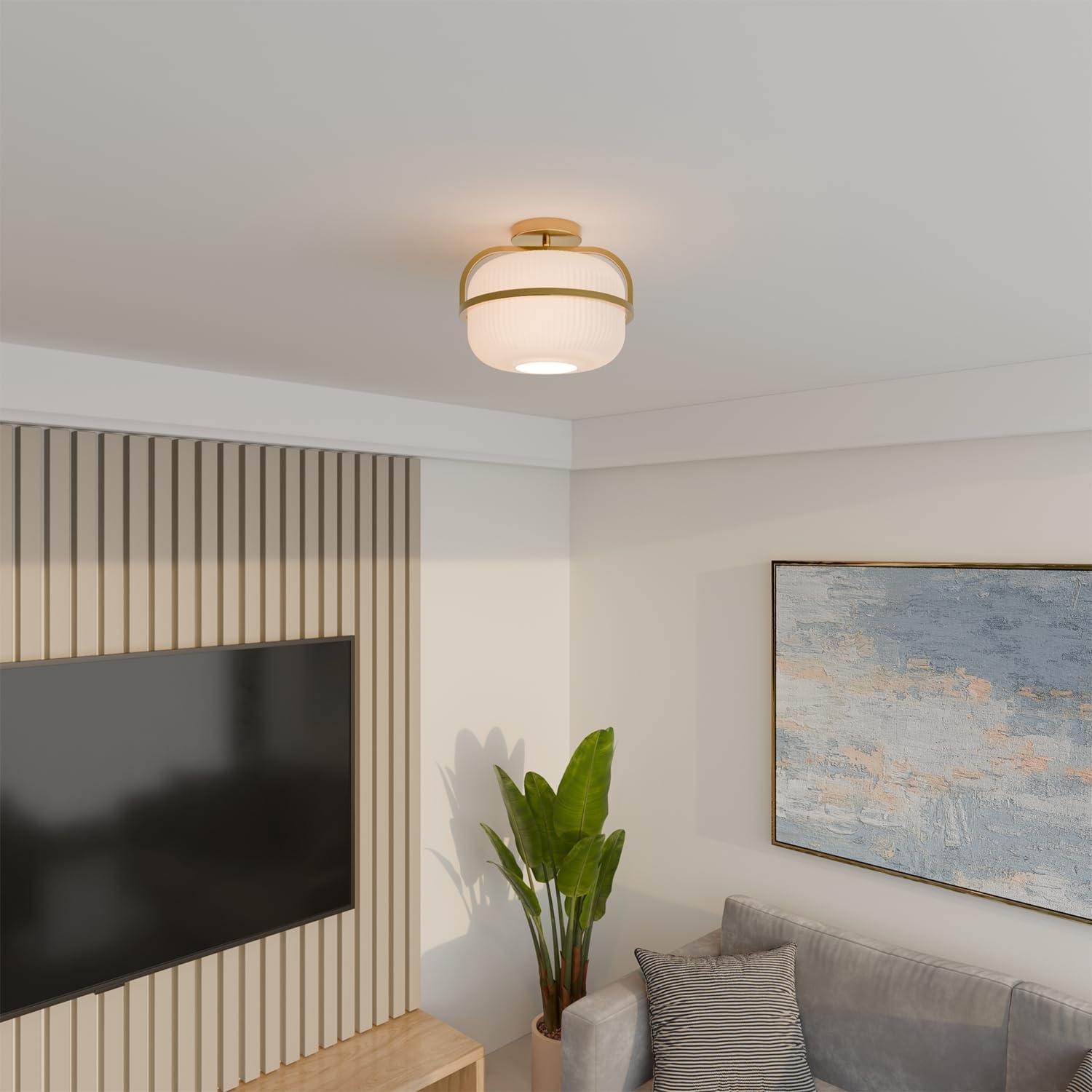 image:imageGlobe Electric 3Light Flush Mount Ceiling Light Brass Frosted Ribbed Glass Shade Updated Traditional Style for Home LightingBrass Frosted Ribbed Glass Shade