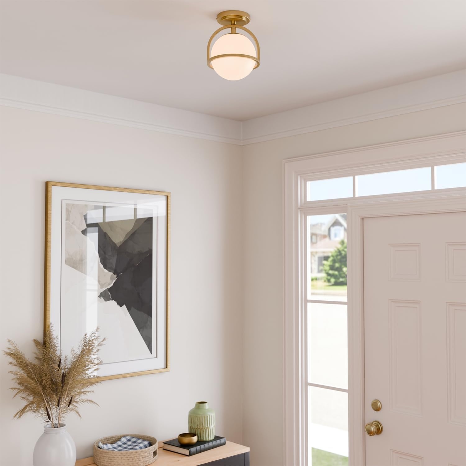 image:imageGlobe Electric 3Light Flush Mount Ceiling Light Brass Frosted Ribbed Glass Shade Updated Traditional Style for Home LightingGold Frosted Glass Shade