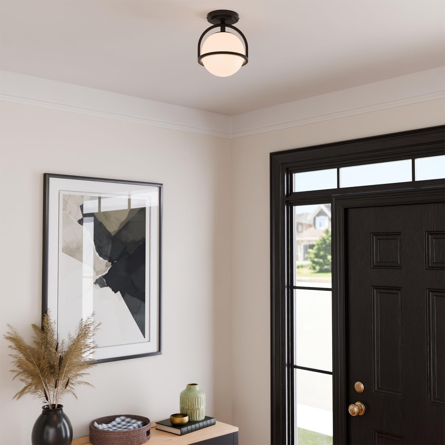image:imageGlobe Electric 3Light Flush Mount Ceiling Light Brass Frosted Ribbed Glass Shade Updated Traditional Style for Home LightingMatte Black Frosted Glass Shade