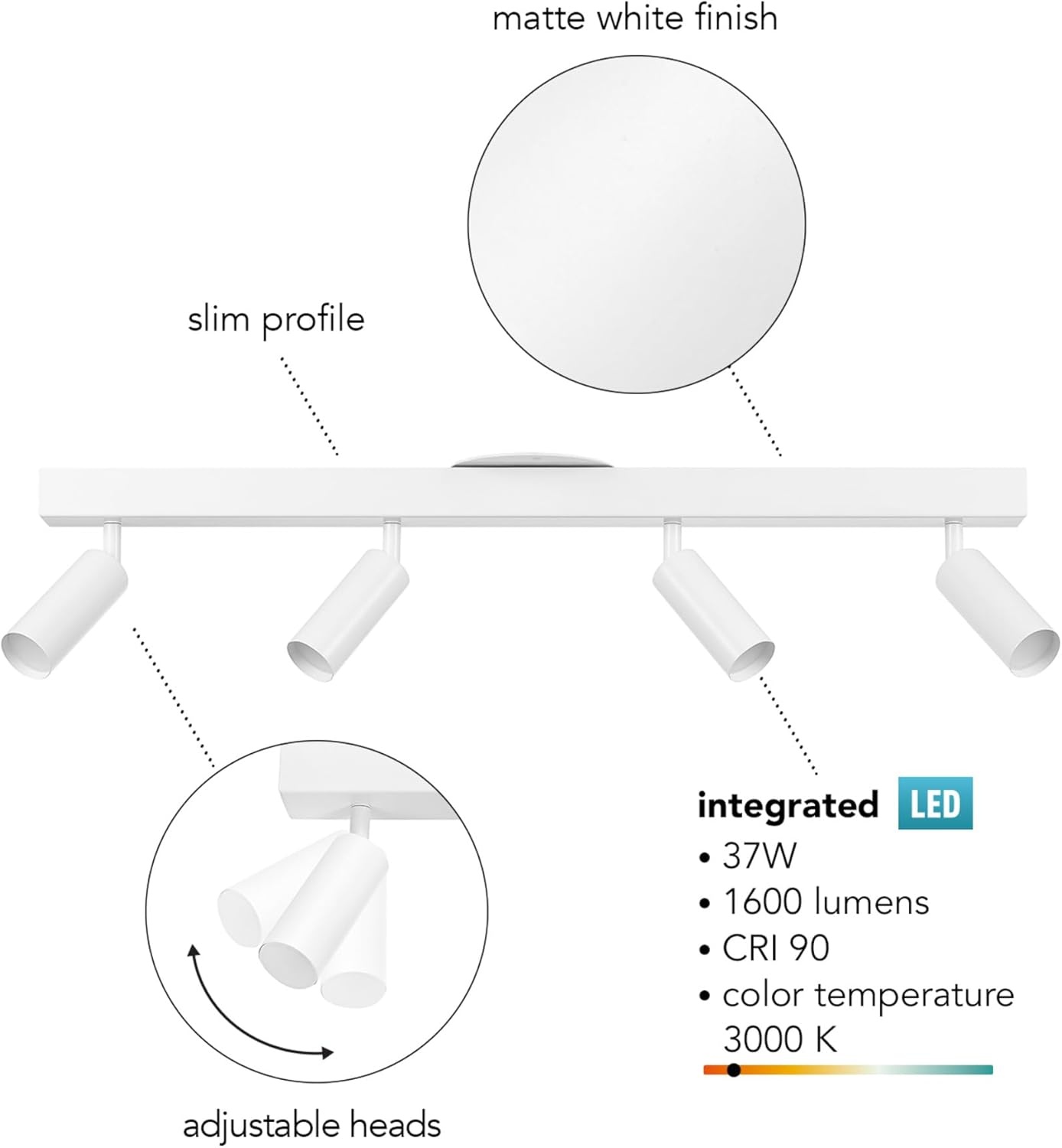 image:imageGlobe Electric 3Light Integrated LED Track Lighting Matte Black Adjustable Heads Dimmable 59941White Bianca