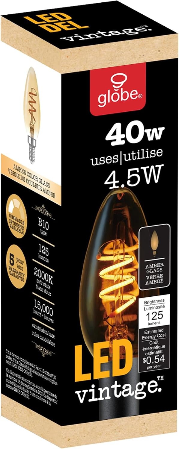 image:imageGlobe Electric 40W Equivalent Soft White 2000K Edison Candelabra Amber Glass Dimmable LED Light Bulb 31355 1Pack B10 VintageB10