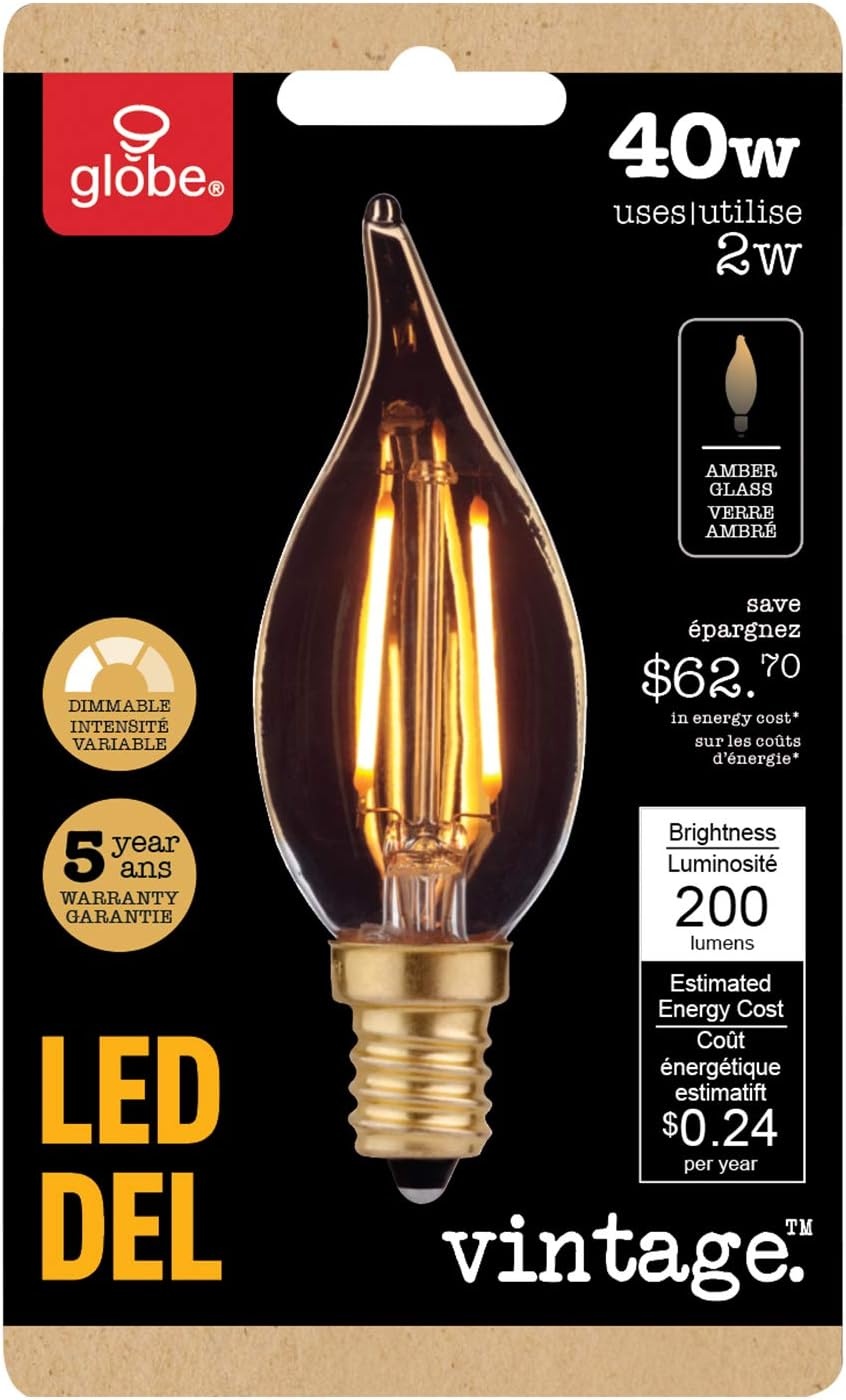 image:imageGlobe Electric 40W Equivalent Soft White 2200K Vintage Edison Candelabra Dimmable LED Light Bulb E12 Base 200 Lumens 73191 1 Pack Yellow