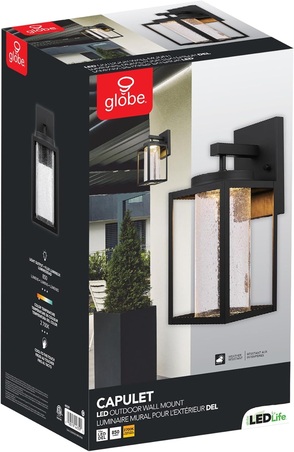 image:imageGlobe Electric 44359 Capulet LED Integrated Outdoor Indoor Wall Sconce Black Clear Bubble Glass Center Column Dimmable 12W 850 LumensMatte Black Clear Glass