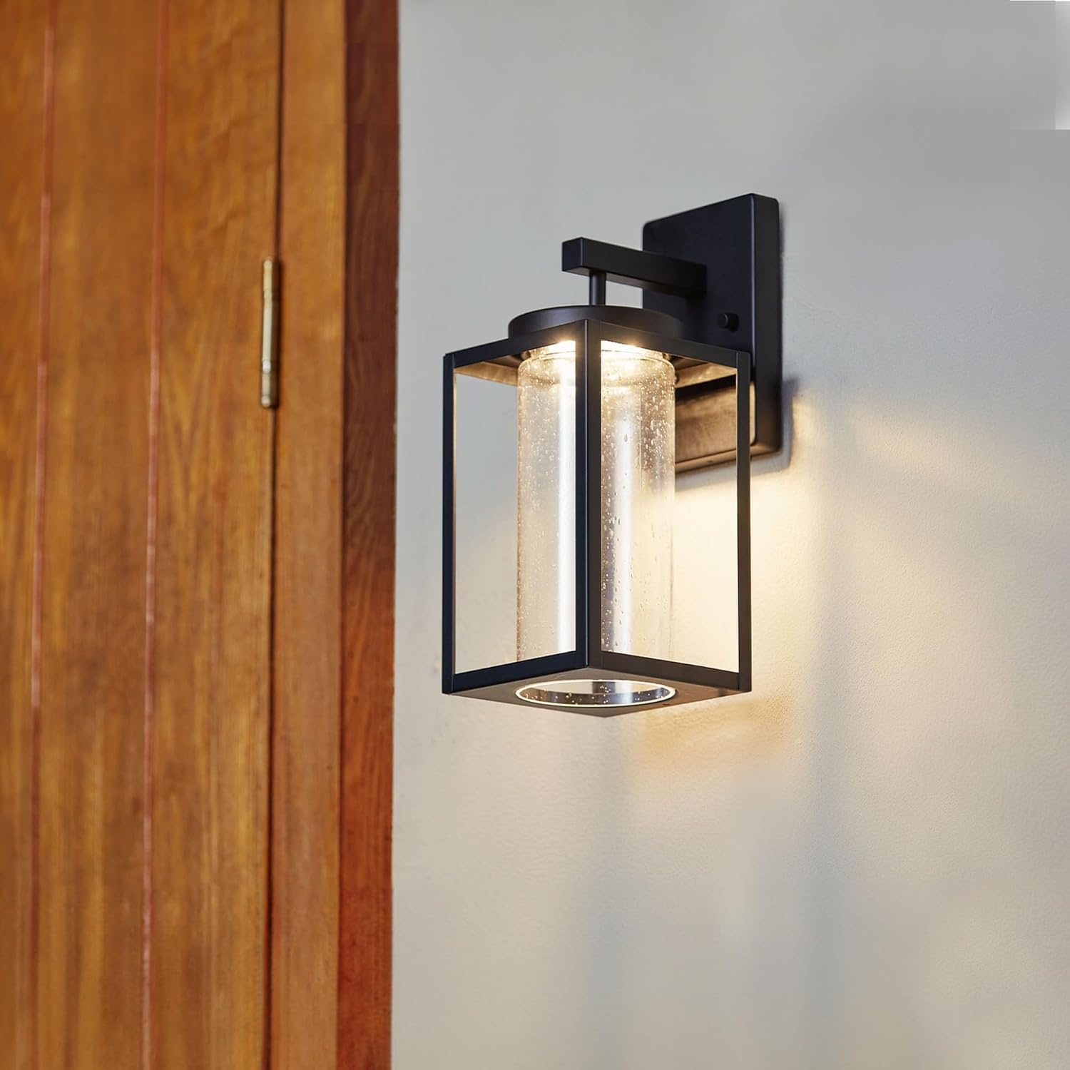 image:imageGlobe Electric 44359 Capulet LED Integrated Outdoor Indoor Wall Sconce Black Clear Bubble Glass Center Column Dimmable 12W 850 LumensMatte Black Clear Glass
