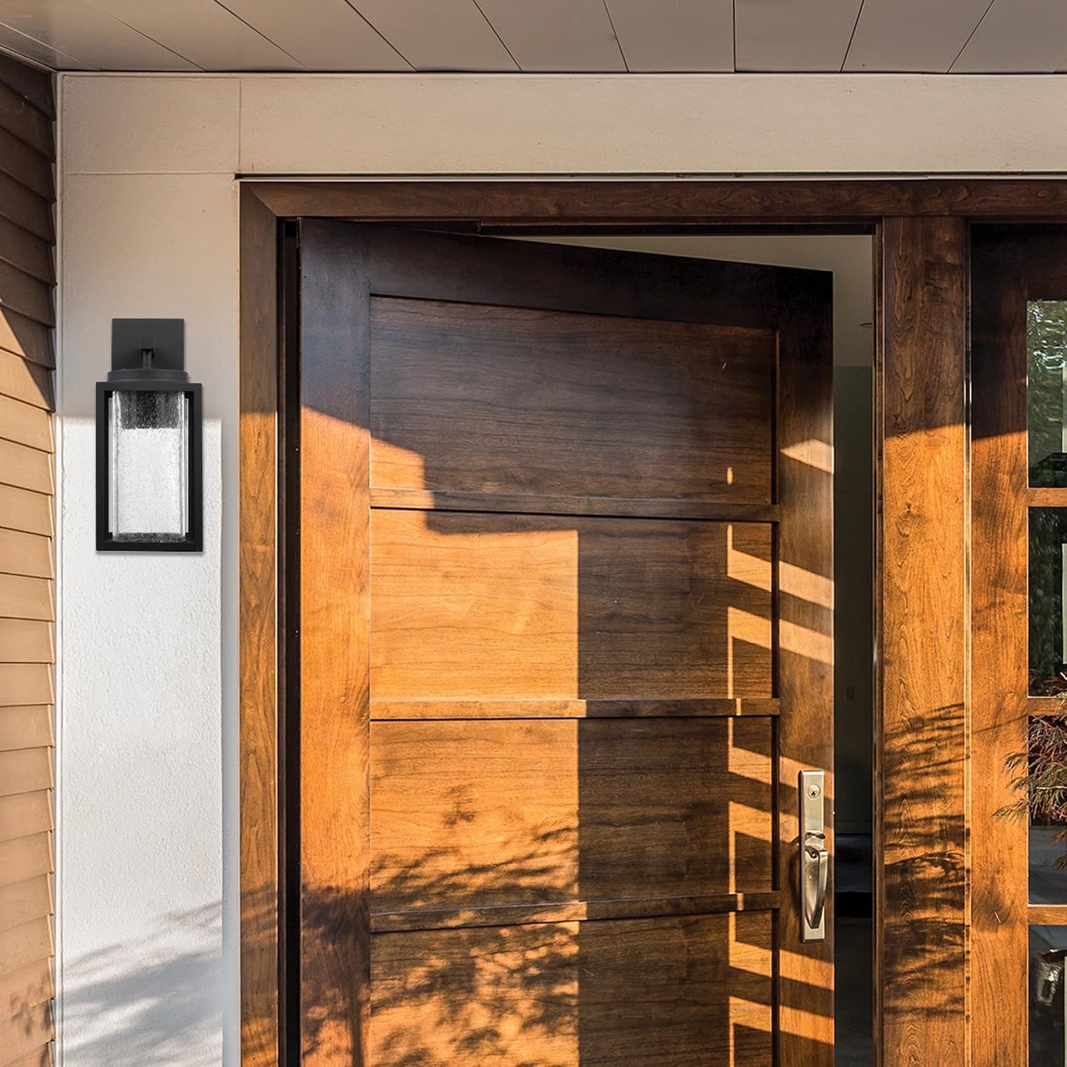 image:imageGlobe Electric 44359 Capulet LED Integrated Outdoor Indoor Wall Sconce Black Clear Bubble Glass Center Column Dimmable 12W 850 LumensMatte Black Clear Glass