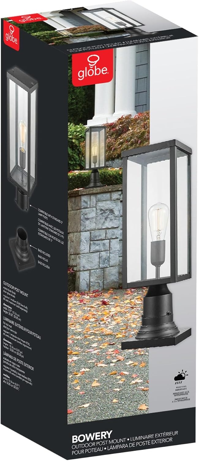 image:imageGlobe Electric 44384 1Light Outdoor Lamp Post Light Fixture with Base Adaptor Matte Black Clear Glass Inserts Weather Resistant Exterior Lighting Modern Security Lights E26 BaseBowery