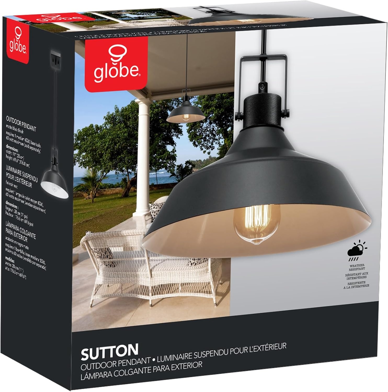 image:imageGlobe Electric 44476 1Light IndoorOutdoor Pendant Light Matte Black Finish Textured Socket Detail Adjustable Hanging Height E26 Base Modern Farmhouse StyleSutton Black