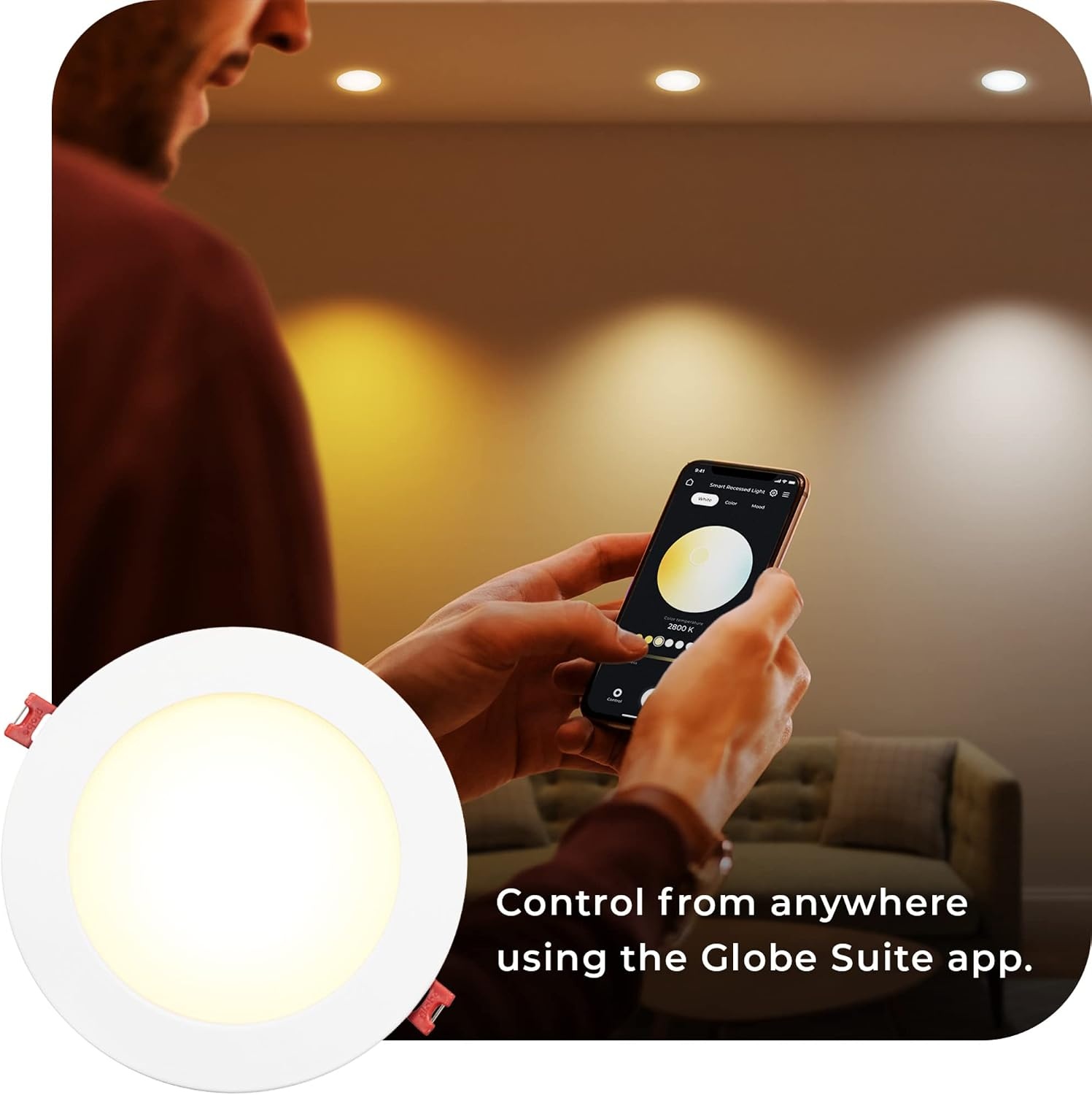 image:imageGlobe Electric 50069 WiFi Smart 6 Ultra Slim LED Recessed Lighting Kit 2Pack No Hub Required Voice Activated 12 W Multicolor Changing RGB Tunable White 2000K 5000K 800 Lumens Wet Rated2 Count Pack of 1