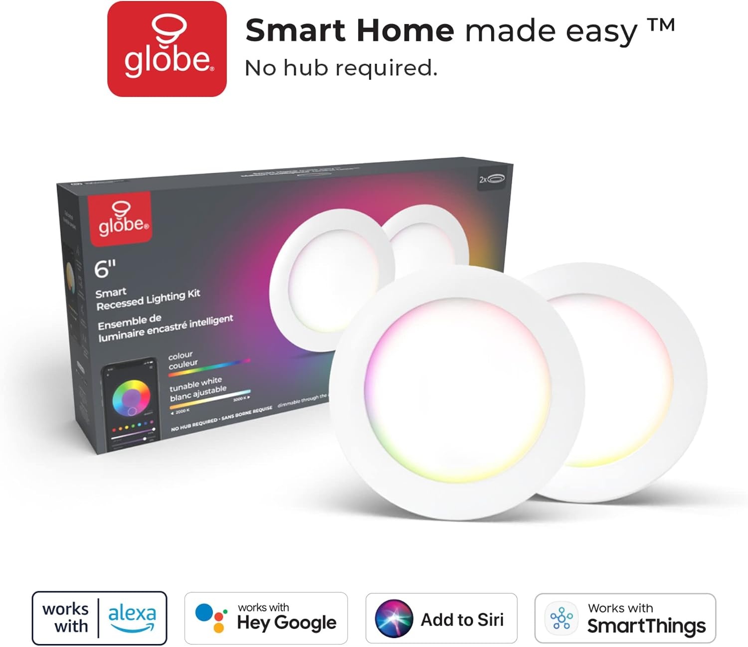 image:imageGlobe Electric 50069 WiFi Smart 6 Ultra Slim LED Recessed Lighting Kit 2Pack No Hub Required Voice Activated 12 W Multicolor Changing RGB Tunable White 2000K 5000K 800 Lumens Wet Rated2 Count Pack of 1