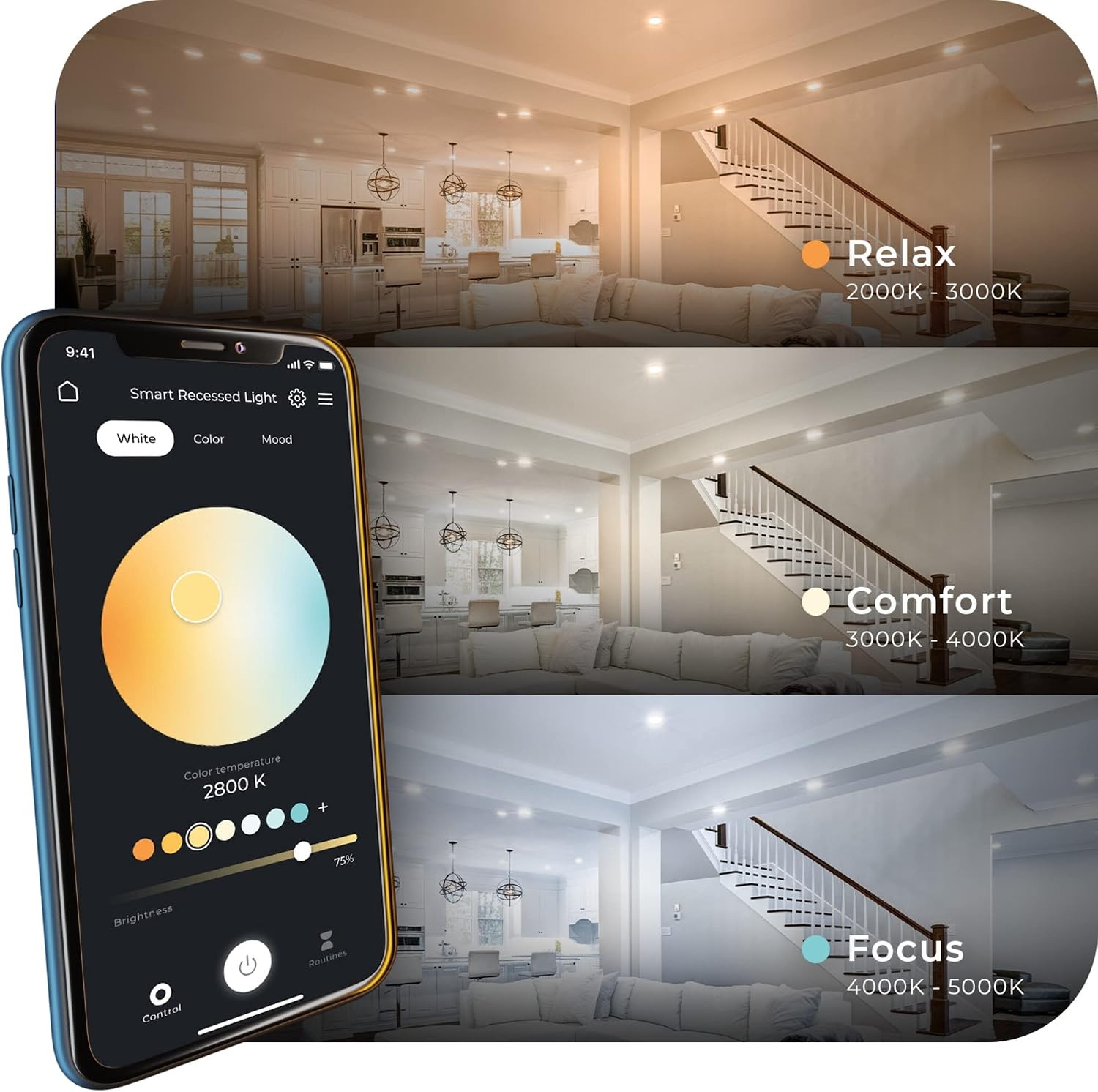 image:imageGlobe Electric 50069 WiFi Smart 6 Ultra Slim LED Recessed Lighting Kit 2Pack No Hub Required Voice Activated 12 W Multicolor Changing RGB Tunable White 2000K 5000K 800 Lumens Wet Rated2 Count Pack of 1