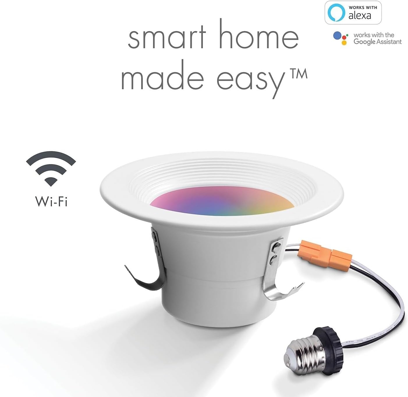 image:imageGlobe Electric 50078 WiFi Smart 4 LED Retrofit Recessed Light No Hub Required Voice Activated 10 W Multicolor Changing RGB White 2000K 5000K 600 Lumens GU10 and E26 Adaptors Included
