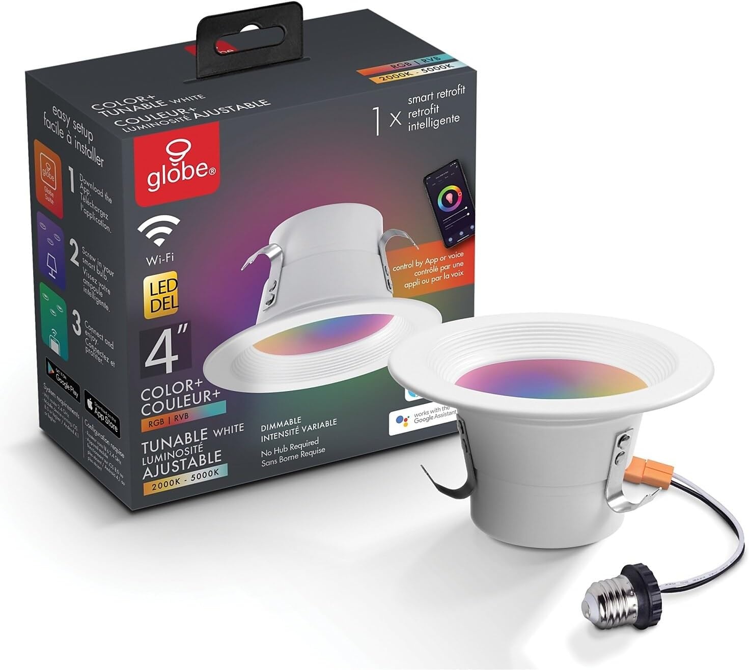 image:imageGlobe Electric 50078 WiFi Smart 4 LED Retrofit Recessed Light No Hub Required Voice Activated 10 W Multicolor Changing RGB White 2000K 5000K 600 Lumens GU10 and E26 Adaptors Included
