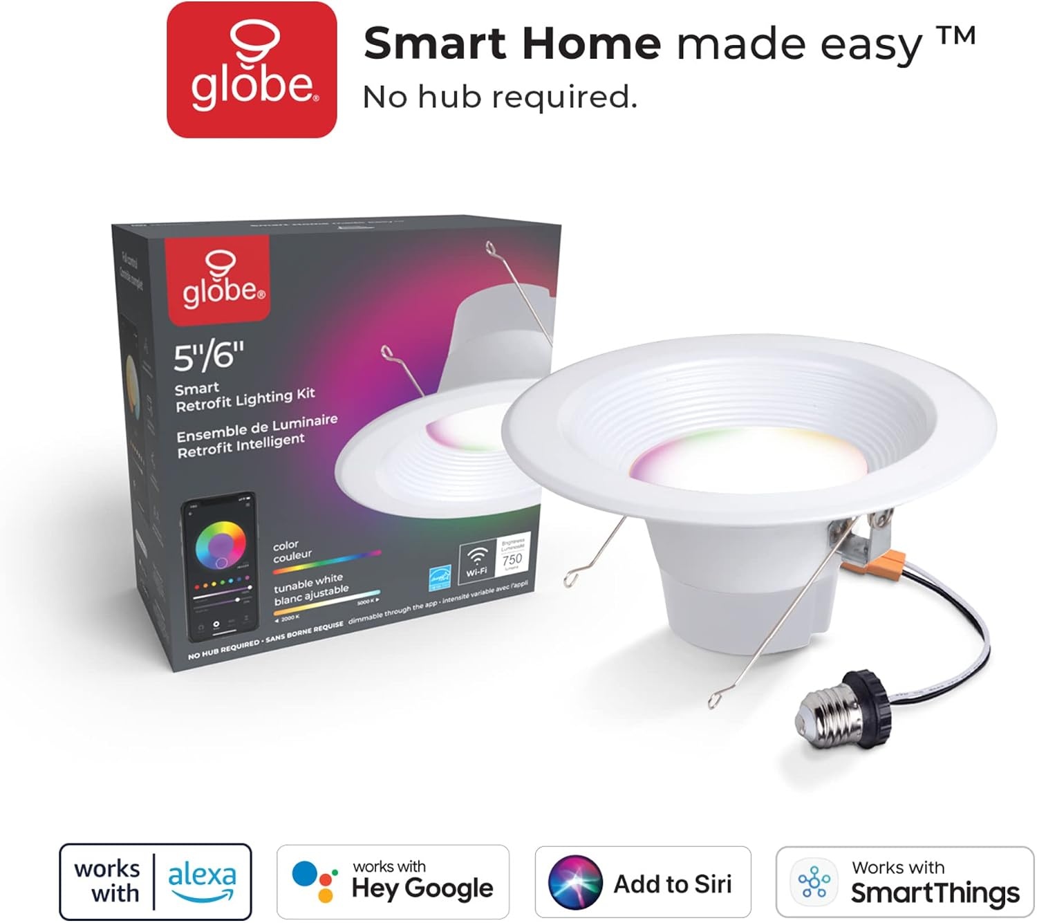 image:imageGlobe Electric 50079 WiFi Smart 56 LED Retrofit Recessed Light No Hub Required Voice Activated 11 Watts Multicolor Changing RBG Tunable White 2000K 5000K 700 Lumens E26 Adaptor Included