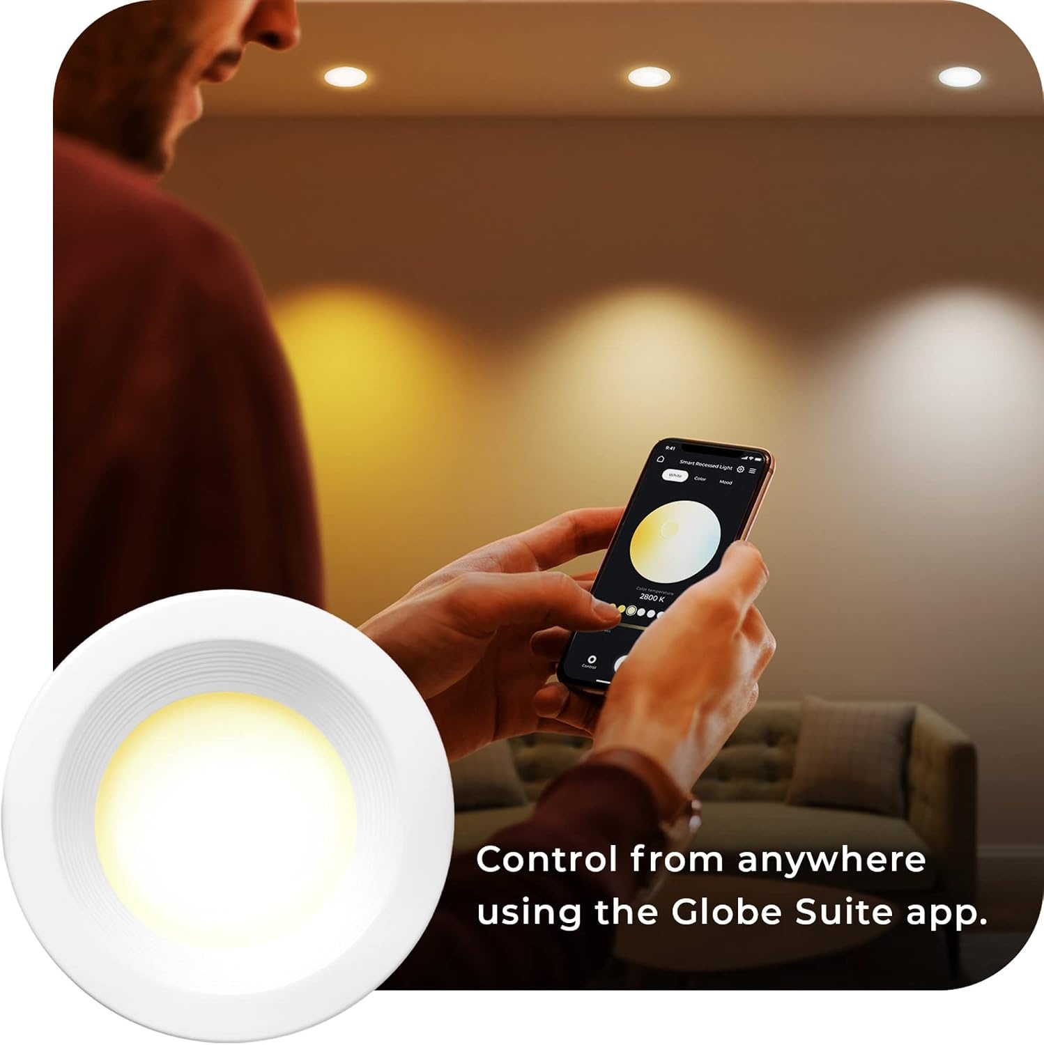image:imageGlobe Electric 50079 WiFi Smart 56 LED Retrofit Recessed Light No Hub Required Voice Activated 11 Watts Multicolor Changing RBG Tunable White 2000K 5000K 700 Lumens E26 Adaptor Included
