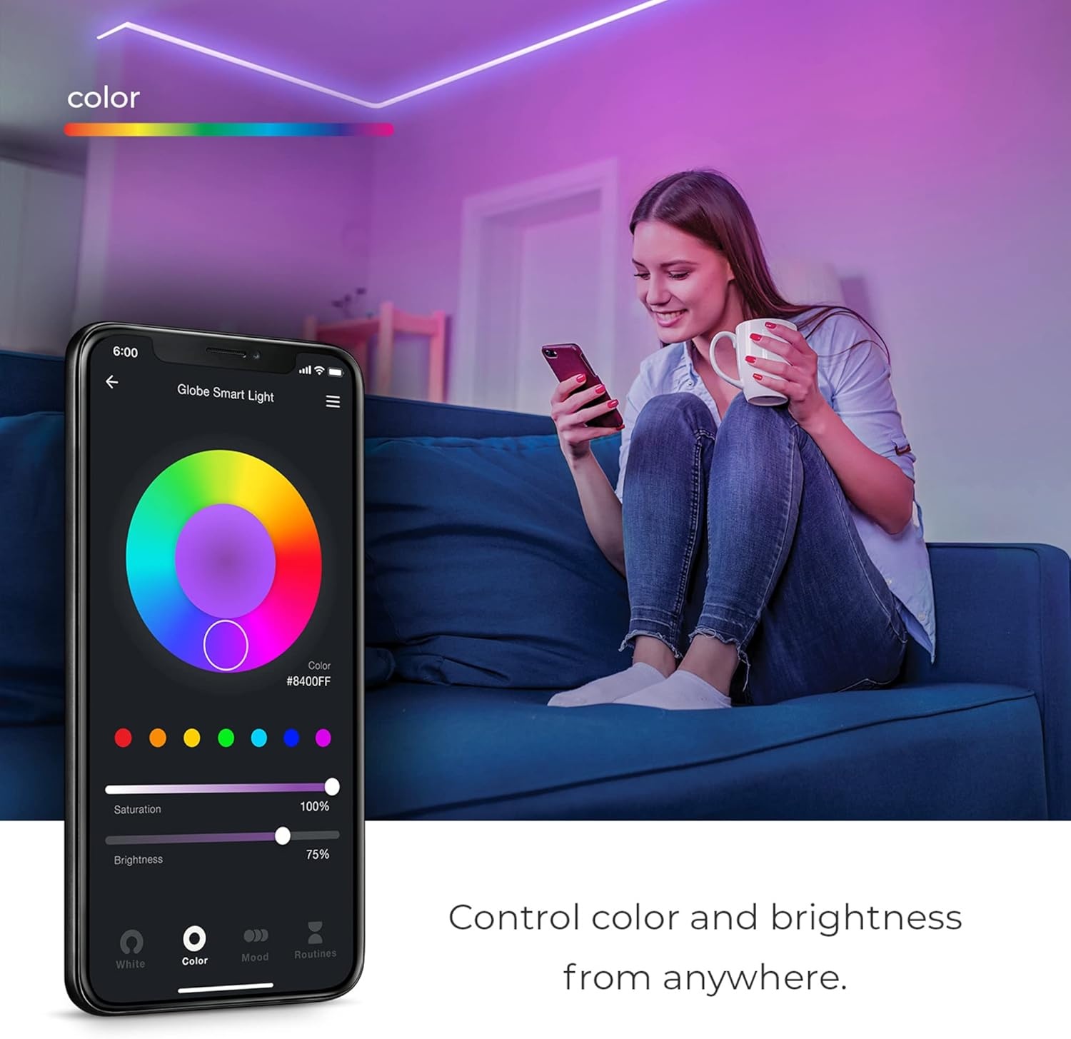 image:imageGlobe Electric 50273 WiFi Smart Flexigon Multicolor Changing RGB LED Plugin Outdoor Indoor Neon Strip Light No Hub Required Voice Activated 5 Meters164 Feet IP65 Rated 3000 Kelvin