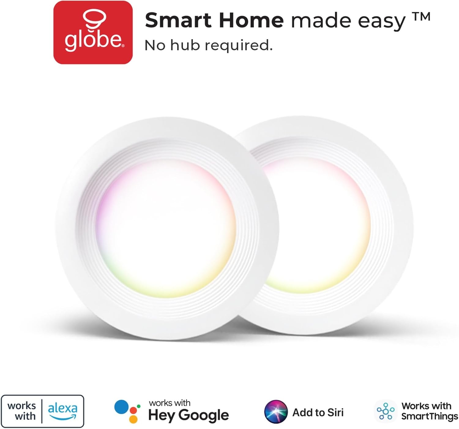 image:imageGlobe Electric 50284 WiFi Smart 4 Slim Baffle LED Recessed Lighting Kit 2Pack No Hub Required Voice Activated 9 Watts Multicolor RGB Tunable White 540 Lumens Wet Rated 425 Hole Size2 Count Pack of 1