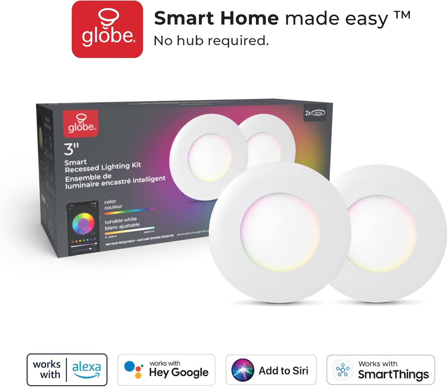 image:imageGlobe Electric 50466 WiFi Smart 3 Ultra Slim LED Recessed Lighting Kit 2Pack No Hub Required Voice Activated 7 W Multicolor Changing RGB Tunable White 2000K 5000K 390 Lumens Wet Rated2 Count Pack of 1