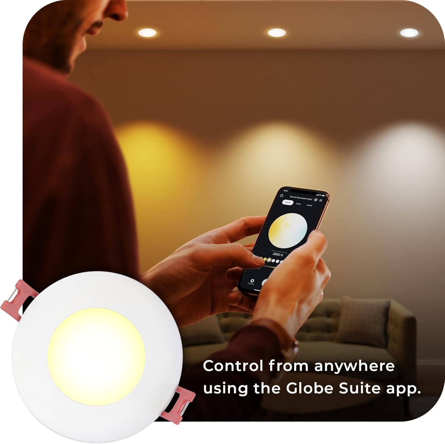 image:imageGlobe Electric 50466 WiFi Smart 3 Ultra Slim LED Recessed Lighting Kit 2Pack No Hub Required Voice Activated 7 W Multicolor Changing RGB Tunable White 2000K 5000K 390 Lumens Wet Rated2 Count Pack of 1