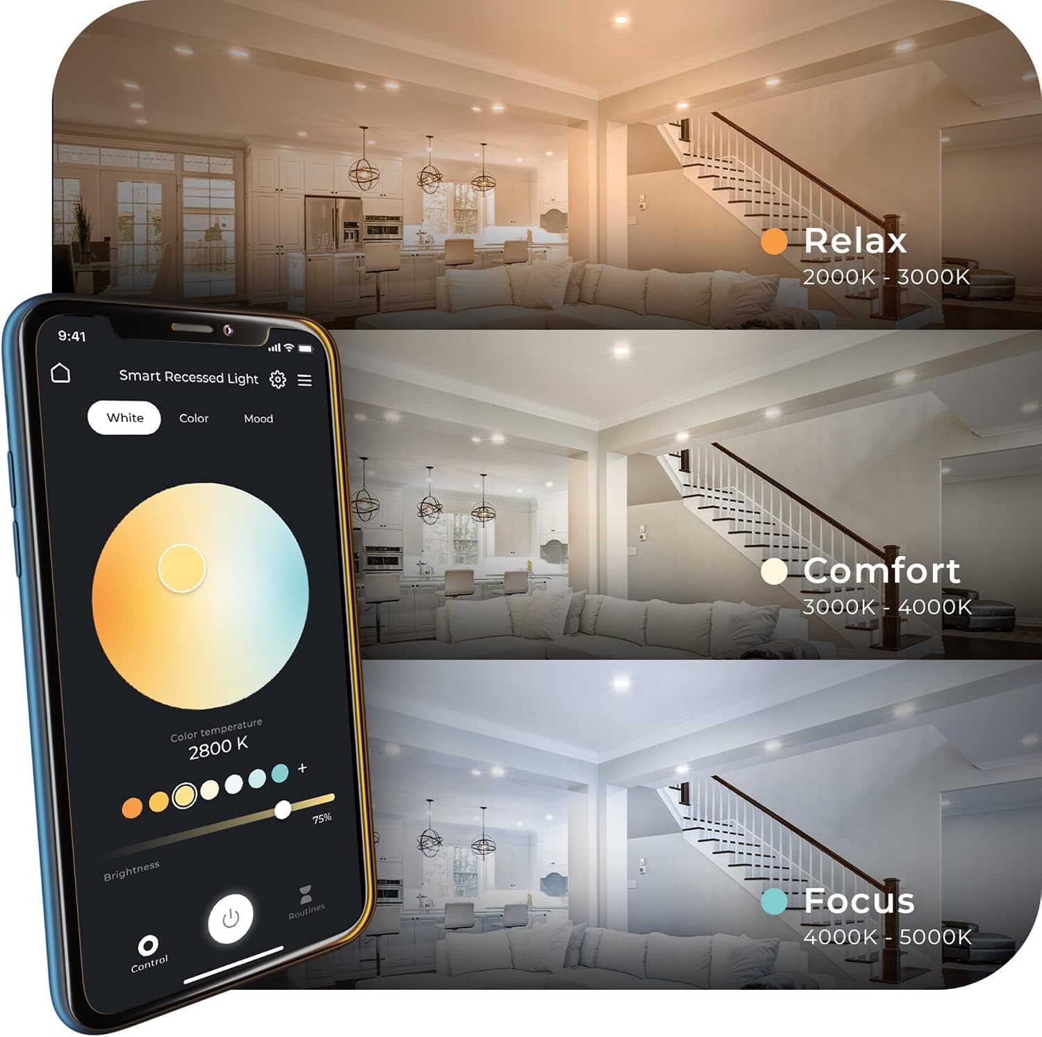 image:imageGlobe Electric 50466 WiFi Smart 3 Ultra Slim LED Recessed Lighting Kit 2Pack No Hub Required Voice Activated 7 W Multicolor Changing RGB Tunable White 2000K 5000K 390 Lumens Wet Rated2 Count Pack of 1