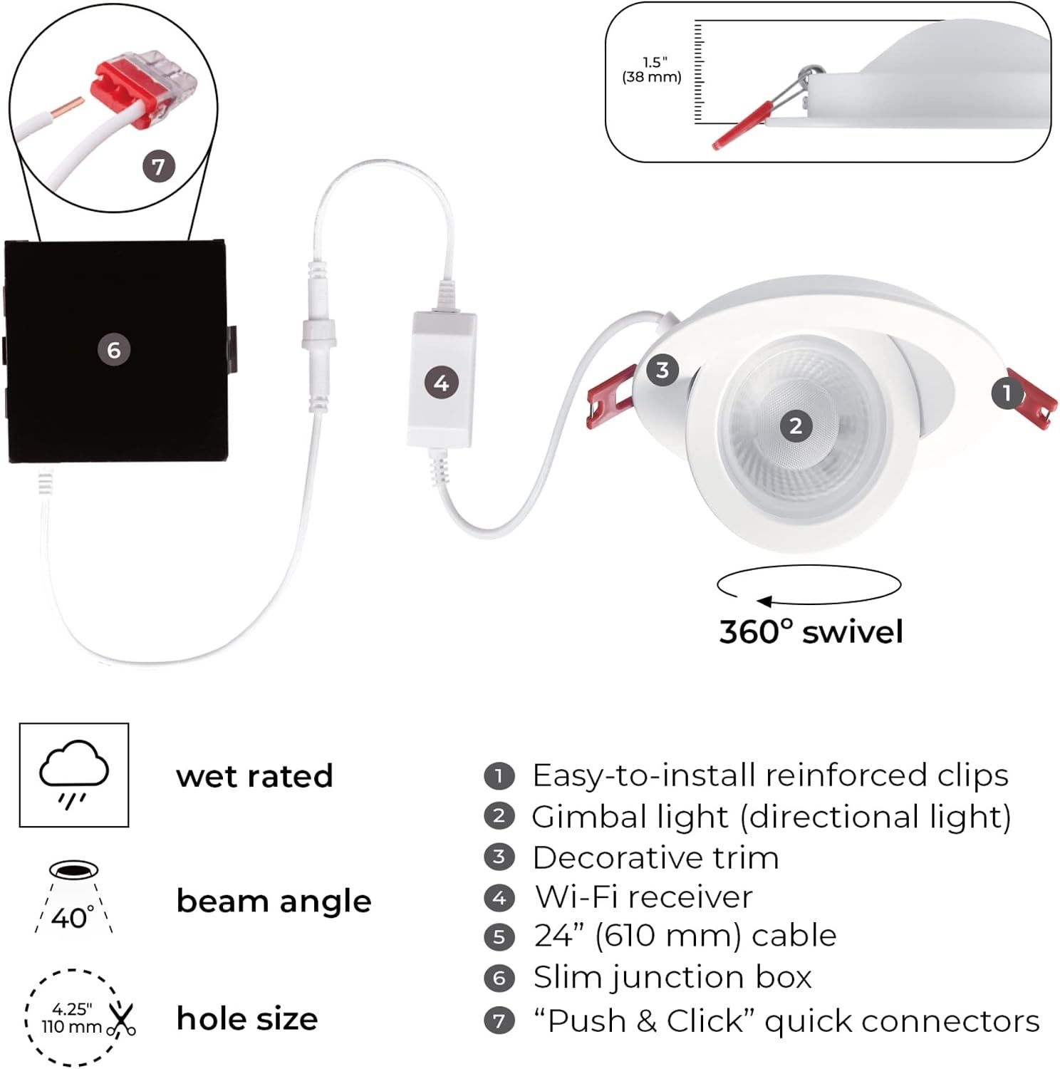 image:imageGlobe Electric 50467 WiFi Smart 4 Swivel LED Recessed Lighting Kit 2Pack No Hub Required Voice Activated 9 W Multicolor Changing RGB Tunable White 2000K 5000K 540 Lumens Wet Rated2 Count Pack of 1
