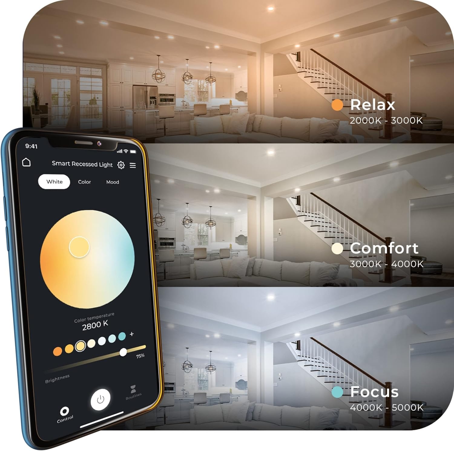 image:imageGlobe Electric 50467 WiFi Smart 4 Swivel LED Recessed Lighting Kit 2Pack No Hub Required Voice Activated 9 W Multicolor Changing RGB Tunable White 2000K 5000K 540 Lumens Wet Rated2 Count Pack of 1