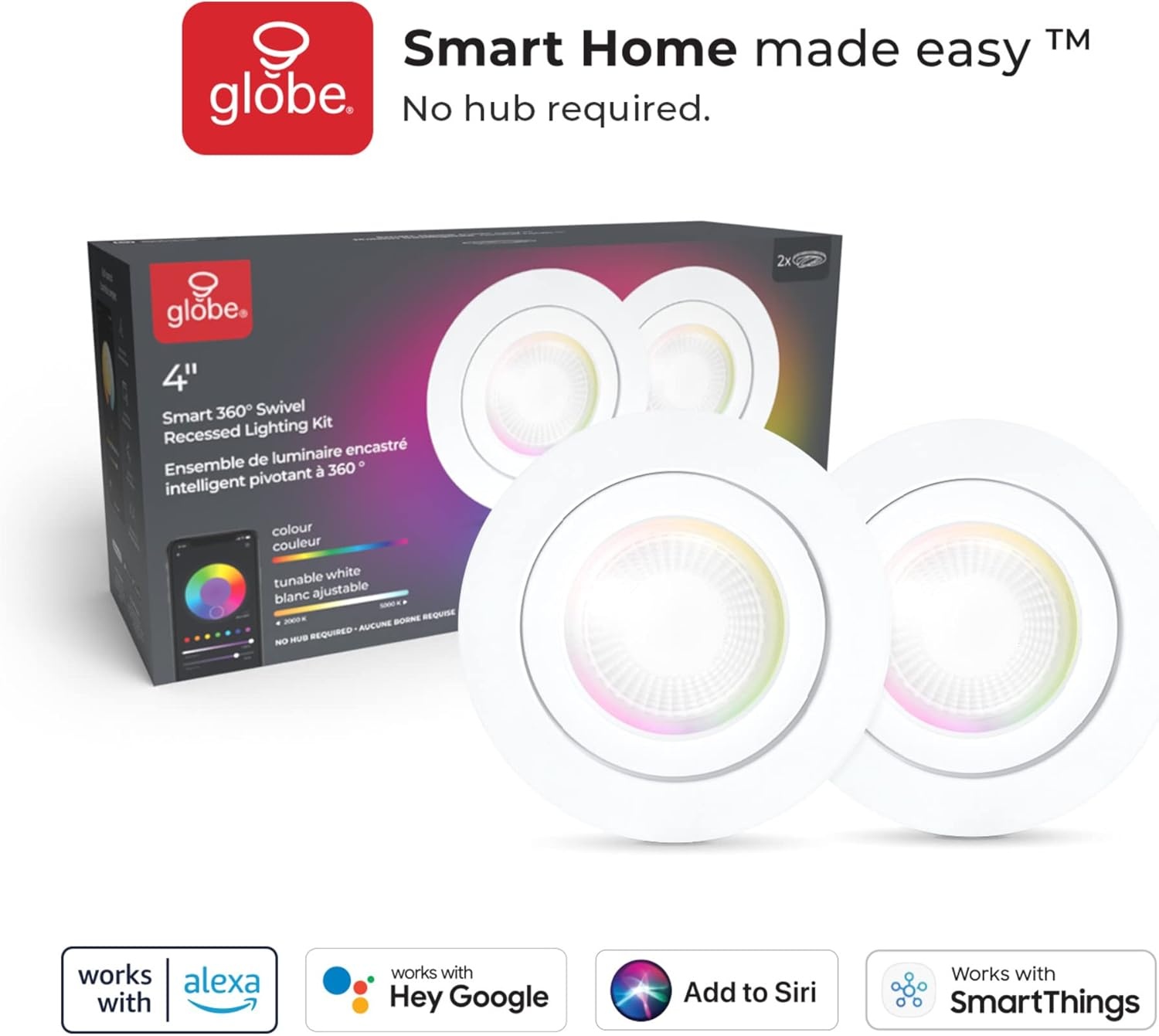 image:imageGlobe Electric 50467 WiFi Smart 4 Swivel LED Recessed Lighting Kit 2Pack No Hub Required Voice Activated 9 W Multicolor Changing RGB Tunable White 2000K 5000K 540 Lumens Wet Rated2 Count Pack of 1