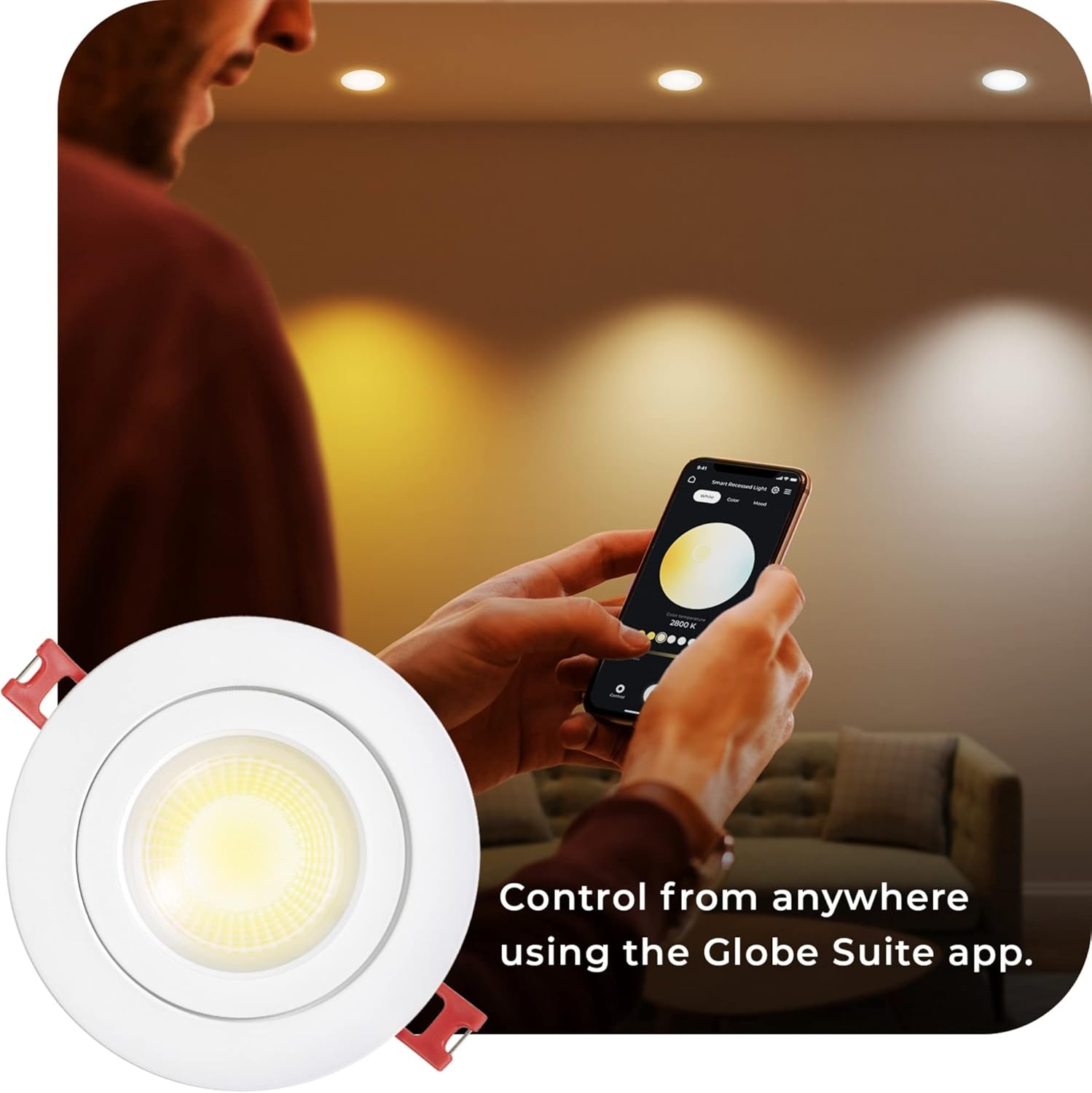image:imageGlobe Electric 50467 WiFi Smart 4 Swivel LED Recessed Lighting Kit 2Pack No Hub Required Voice Activated 9 W Multicolor Changing RGB Tunable White 2000K 5000K 540 Lumens Wet Rated2 Count Pack of 1