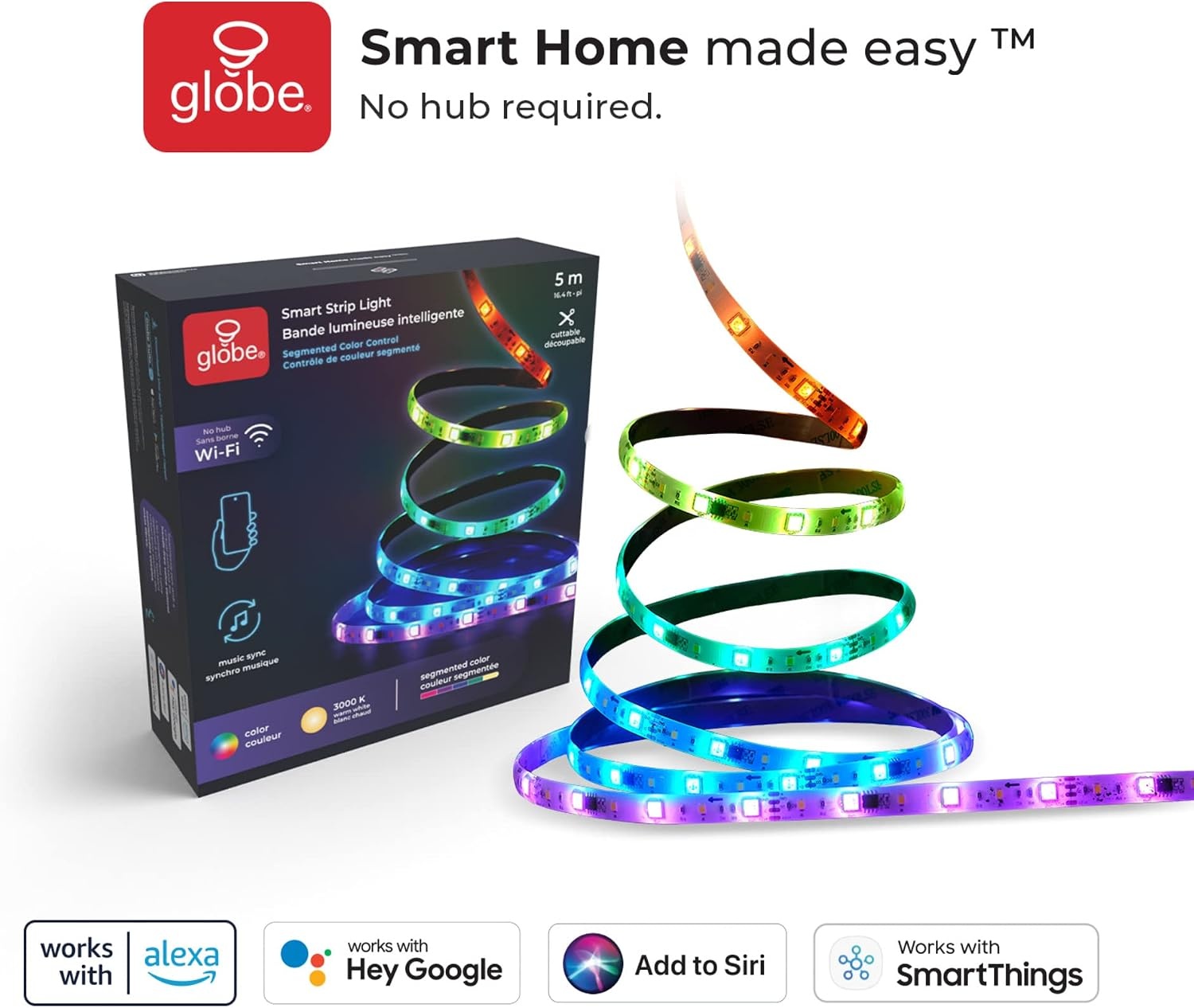 image:imageGlobe Electric 50502 WiFi Smart Multicolor Changing RGB LED Music Sync Plugin Strip Light No Hub Required Voice Activated 5 Meters164 Feet IP65 Rated 3000 Kelvin Smart Home Automation