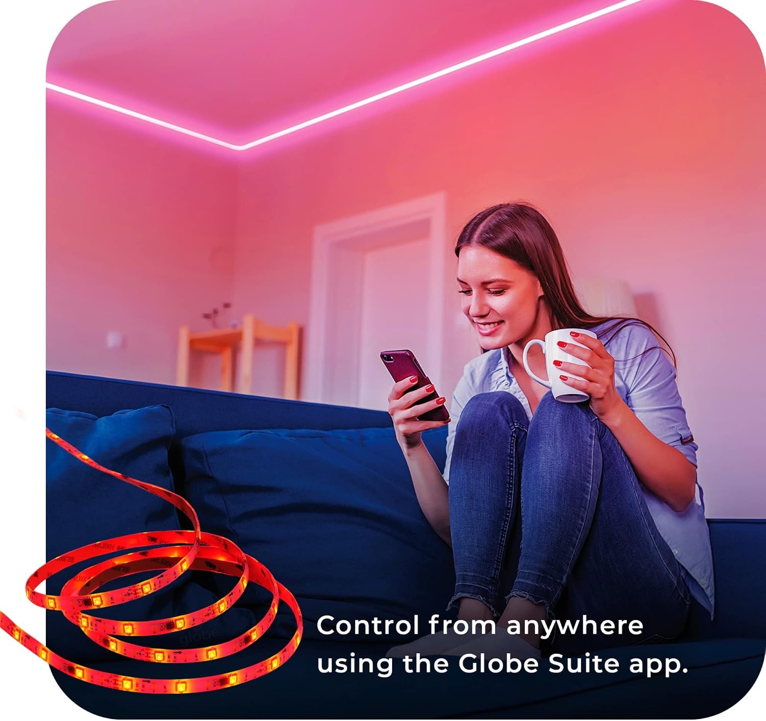 image:imageGlobe Electric 50502 WiFi Smart Multicolor Changing RGB LED Music Sync Plugin Strip Light No Hub Required Voice Activated 5 Meters164 Feet IP65 Rated 3000 Kelvin Smart Home Automation