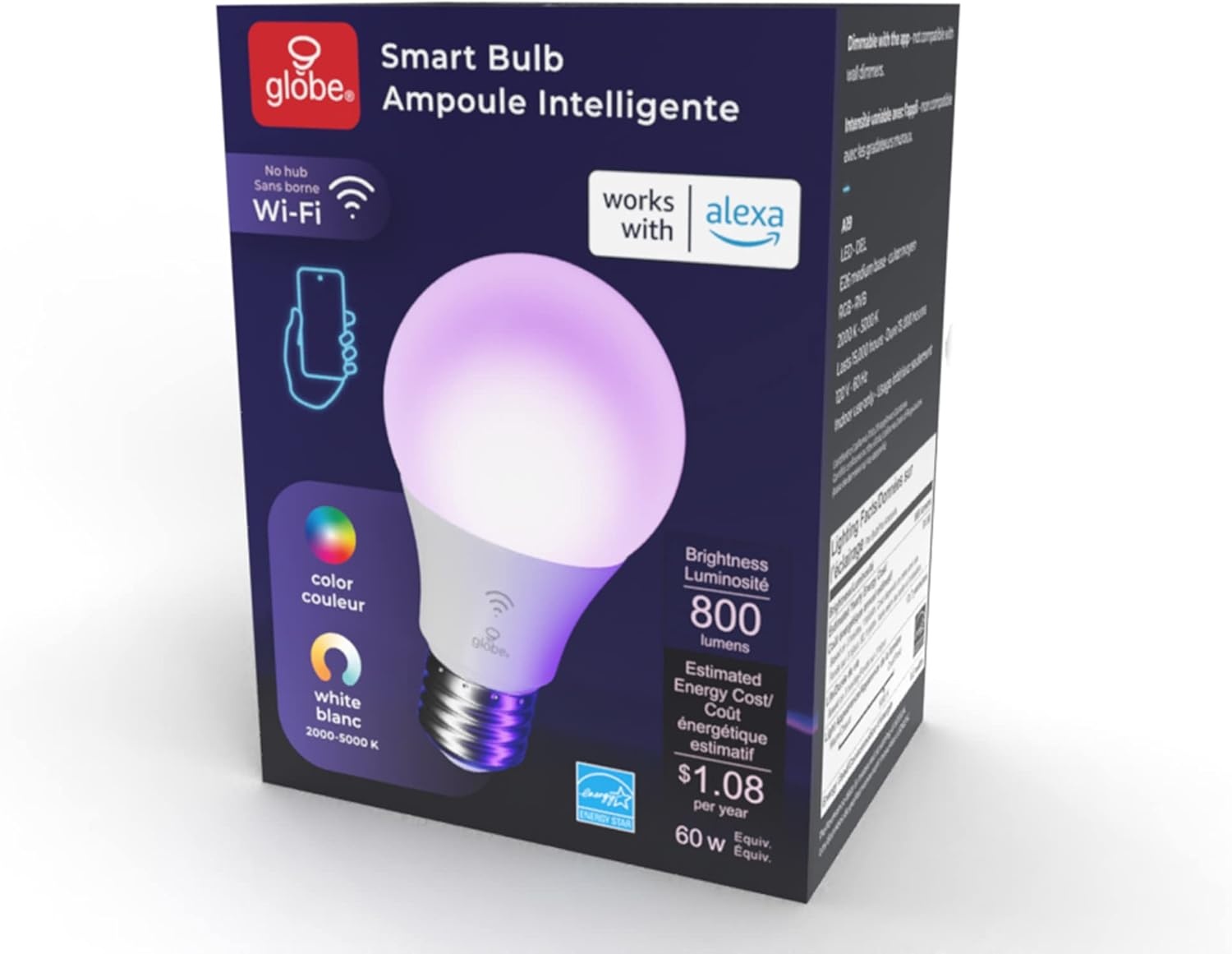 image:imageGlobe Electric 50589 ColorChanging A19 LED Smart Light Bulb 24 GHz WiFi 60W Equivalent 800LM Works with Alexa Only 1PackPack of 1