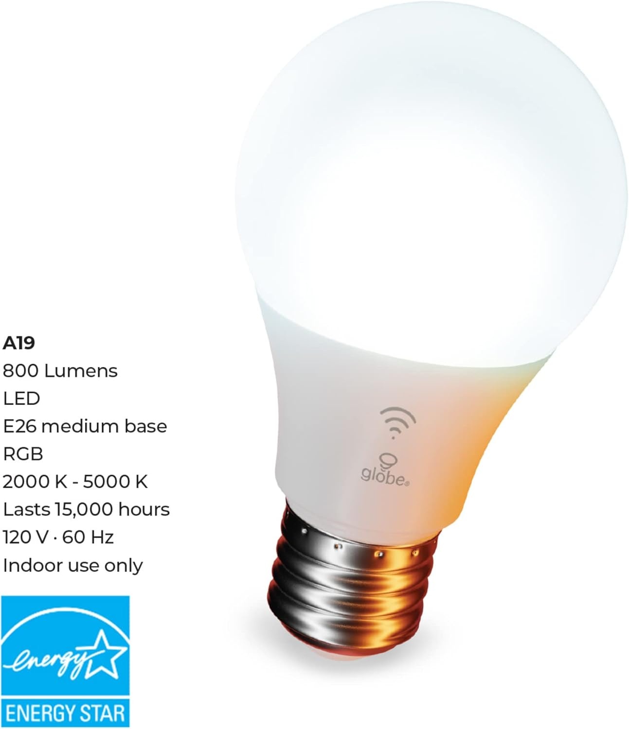 image:imageGlobe Electric 50589 ColorChanging A19 LED Smart Light Bulb 24 GHz WiFi 60W Equivalent 800LM Works with Alexa Only 1PackPack of 1