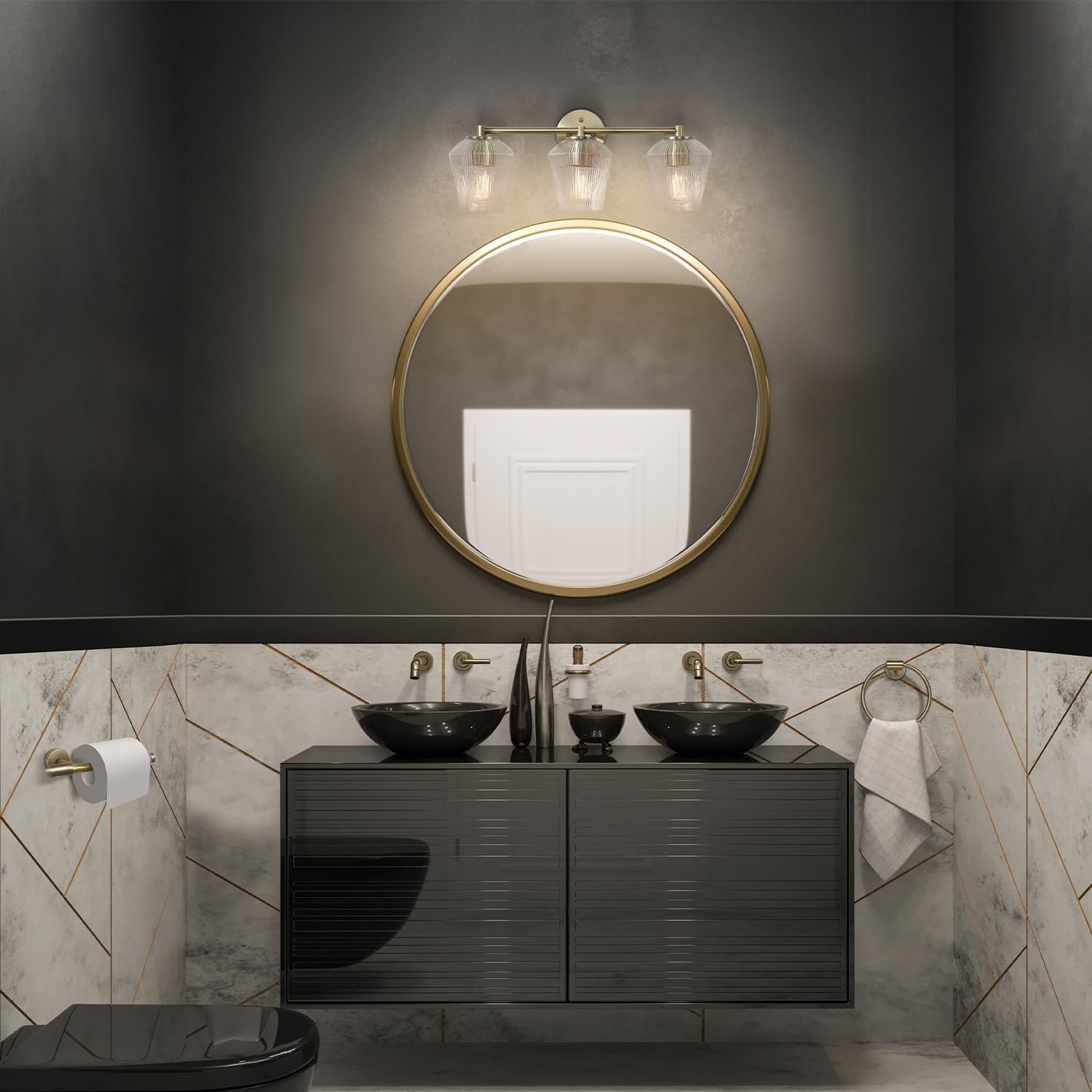image:imageGlobe Electric 51234 5Piece AllinOne Bathroom Set Chrome 23 3Light Vanity Wall Light with Clear Glass Shades Towel Bar and Ring Robe Hook Toilet Paper Holder Beauty Room AccessoriesBrass