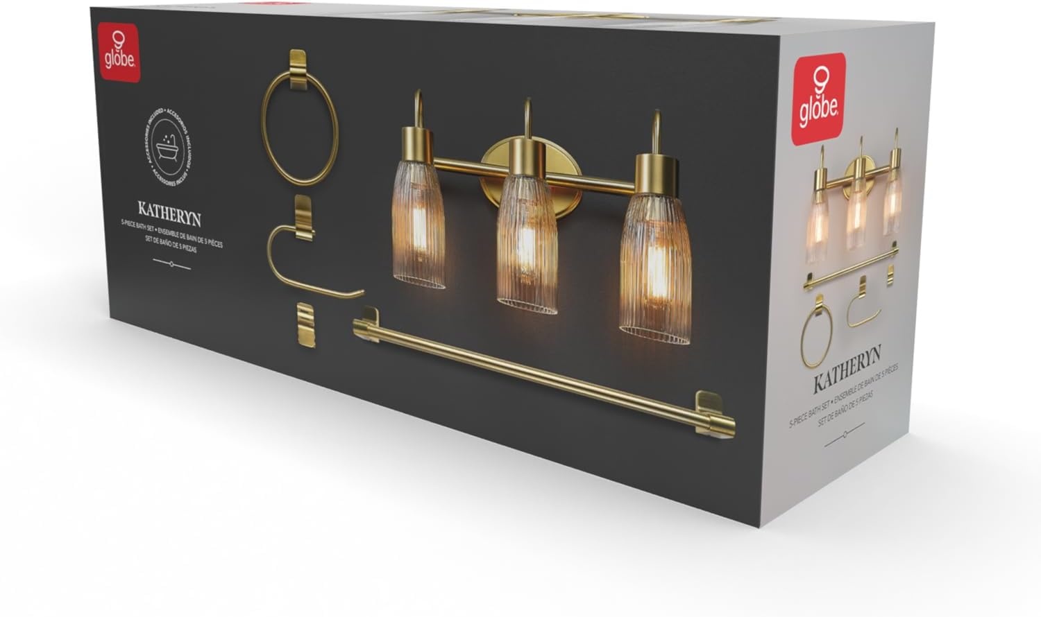 image:imageGlobe Electric 51234 5Piece AllinOne Bathroom Set Chrome 23 3Light Vanity Wall Light with Clear Glass Shades Towel Bar and Ring Robe Hook Toilet Paper Holder Beauty Room AccessoriesBlack Ribbed Shades