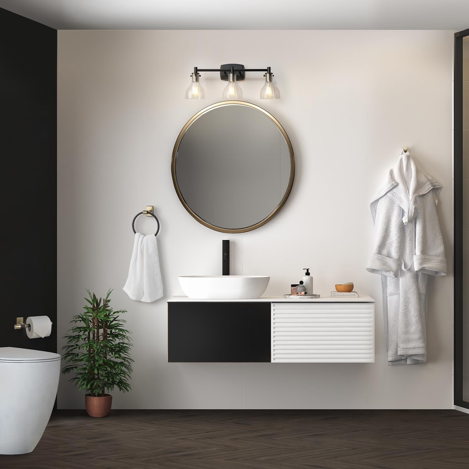 image:imageGlobe Electric 51234 5Piece AllinOne Bathroom Set Chrome 23 3Light Vanity Wall Light with Clear Glass Shades Towel Bar and Ring Robe Hook Toilet Paper Holder Beauty Room AccessoriesMatte Black Bailey 5Piece