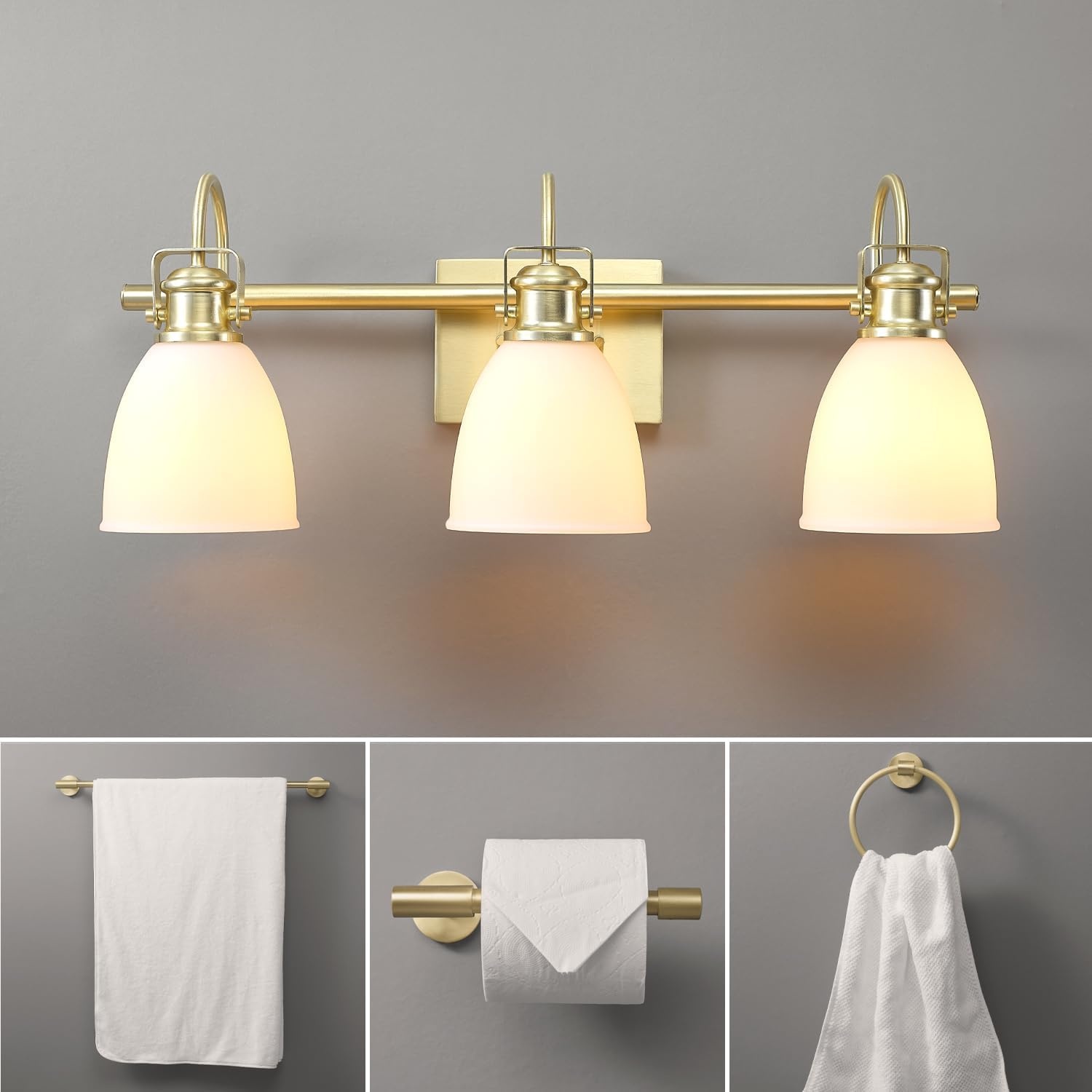 image:imageGlobe Electric 51234 5Piece AllinOne Bathroom Set Chrome 23 3Light Vanity Wall Light with Clear Glass Shades Towel Bar and Ring Robe Hook Toilet Paper Holder Beauty Room AccessoriesMatte Brass Frosted Opal Glass