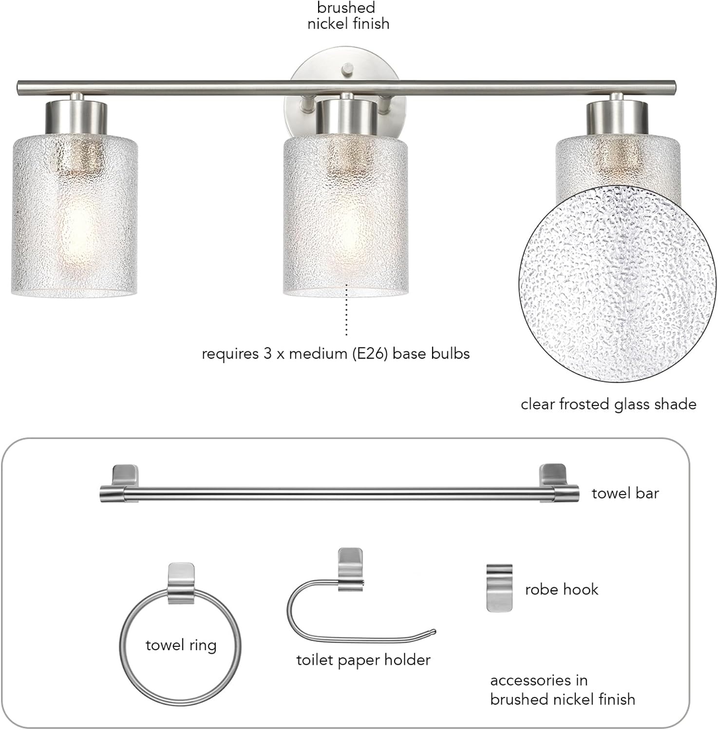 image:imageGlobe Electric 51234 5Piece AllinOne Bathroom Set Chrome 23 3Light Vanity Wall Light with Clear Glass Shades Towel Bar and Ring Robe Hook Toilet Paper Holder Beauty Room AccessoriesBrushed Nickel