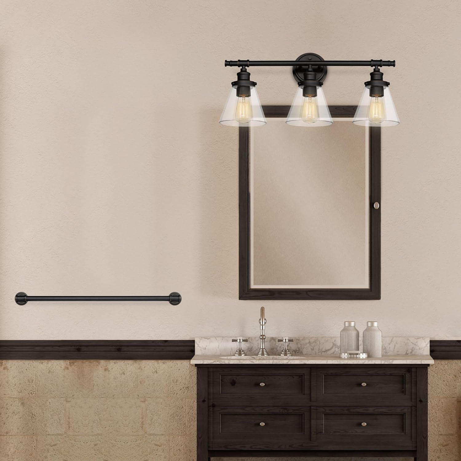 image:imageGlobe Electric 51234 5Piece AllinOne Bathroom Set Chrome 23 3Light Vanity Wall Light with Clear Glass Shades Towel Bar and Ring Robe Hook Toilet Paper Holder Beauty Room AccessoriesBronze Parker