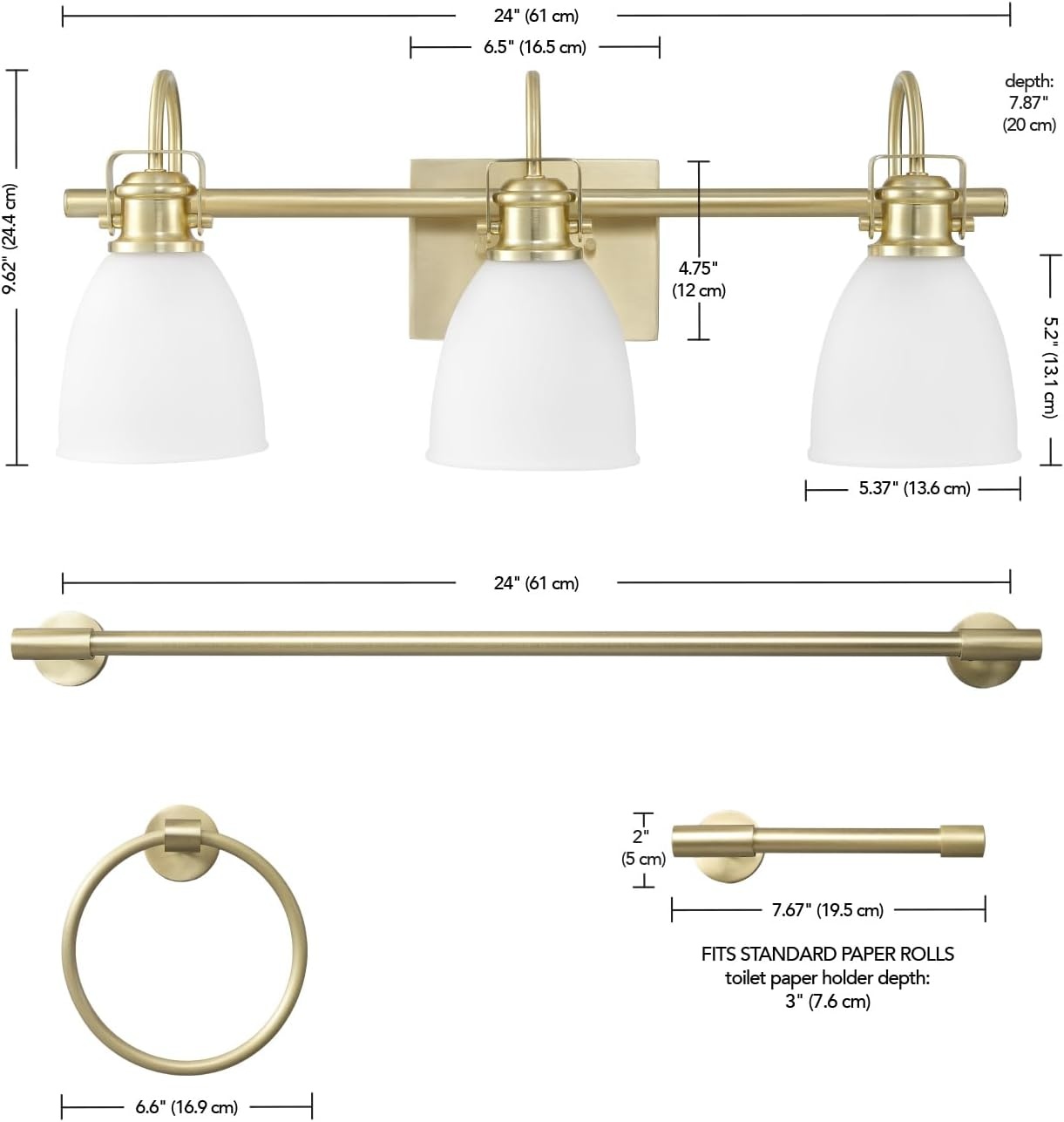 image:imageGlobe Electric 51234 5Piece AllinOne Bathroom Set Chrome 23 3Light Vanity Wall Light with Clear Glass Shades Towel Bar and Ring Robe Hook Toilet Paper Holder Beauty Room AccessoriesMatte Brass Frosted Opal Glass