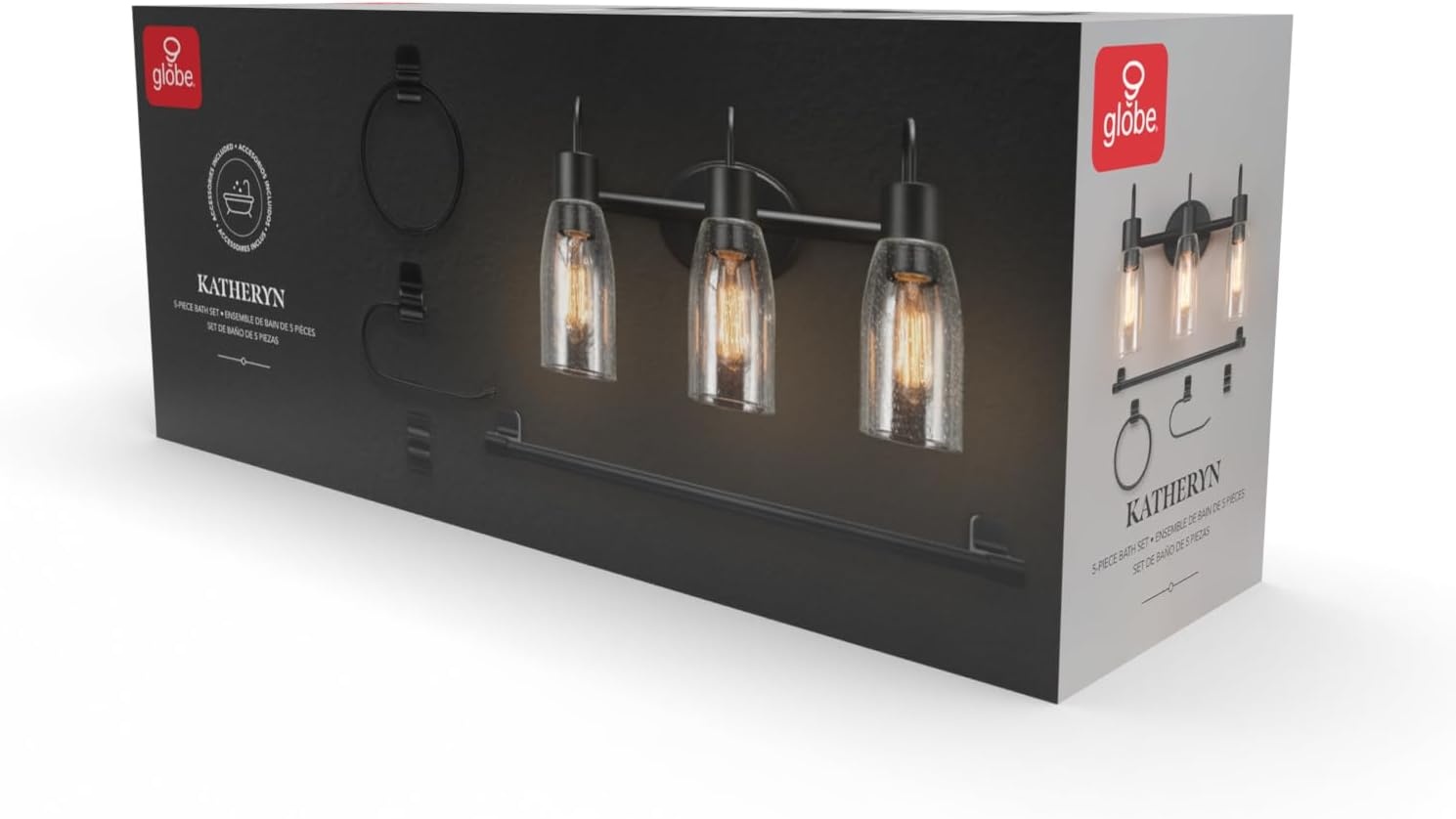 image:imageGlobe Electric 51234 5Piece AllinOne Bathroom Set Chrome 23 3Light Vanity Wall Light with Clear Glass Shades Towel Bar and Ring Robe Hook Toilet Paper Holder Beauty Room AccessoriesBlack Seeded Shades