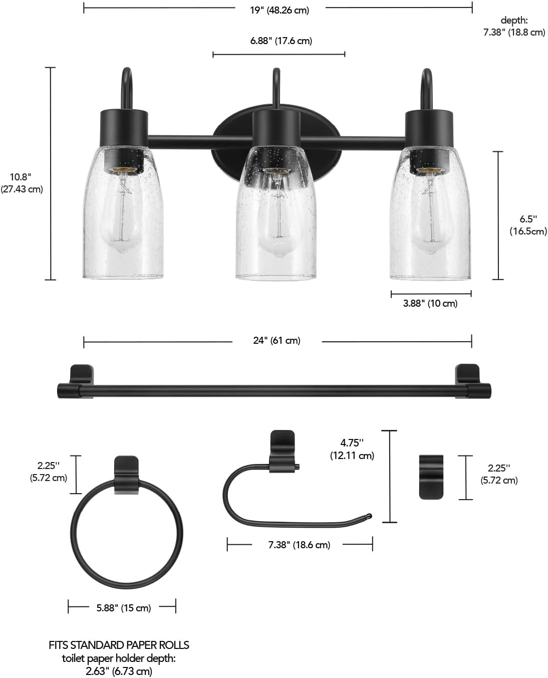 image:imageGlobe Electric 51234 5Piece AllinOne Bathroom Set Chrome 23 3Light Vanity Wall Light with Clear Glass Shades Towel Bar and Ring Robe Hook Toilet Paper Holder Beauty Room AccessoriesBlack Seeded Shades