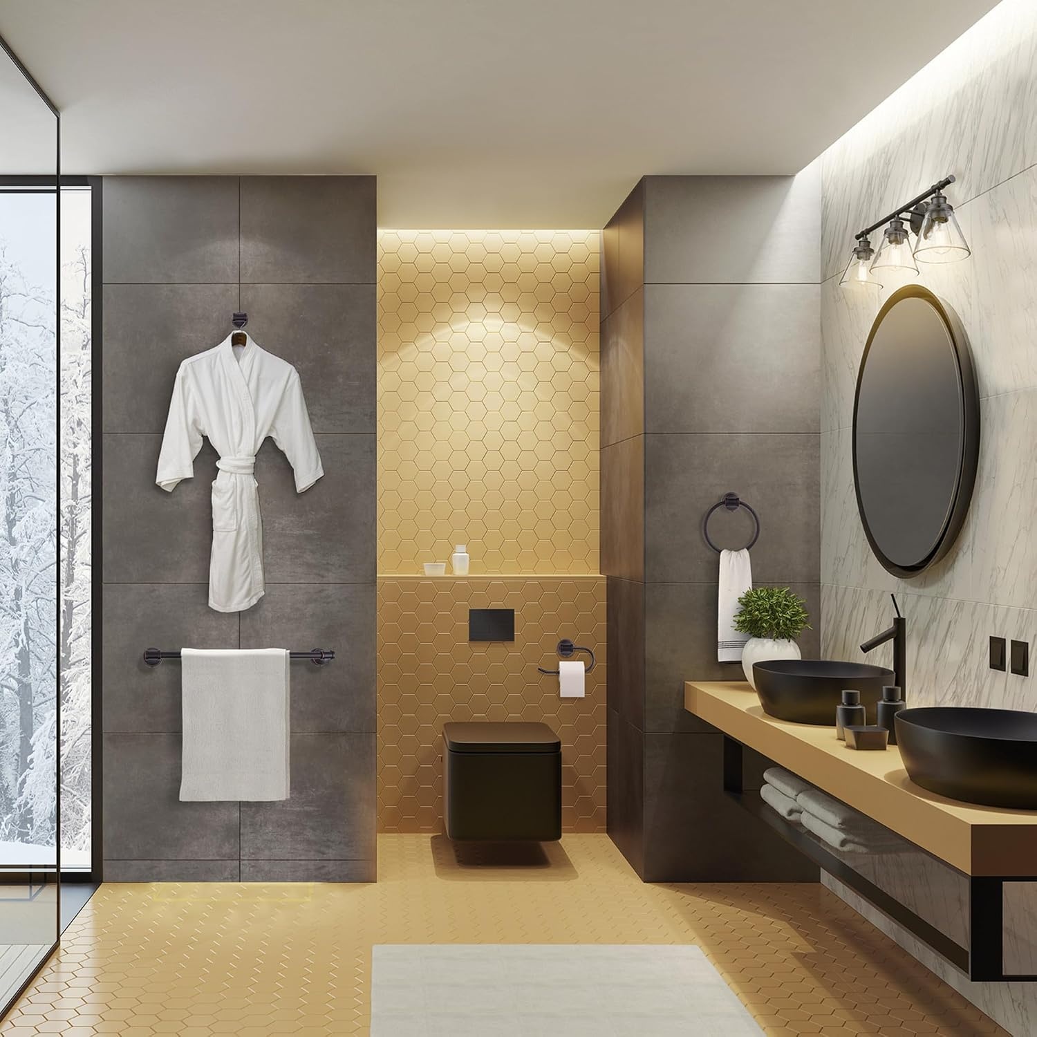 image:imageGlobe Electric 51234 5Piece AllinOne Bathroom Set Chrome 23 3Light Vanity Wall Light with Clear Glass Shades Towel Bar and Ring Robe Hook Toilet Paper Holder Beauty Room AccessoriesBronze Parker