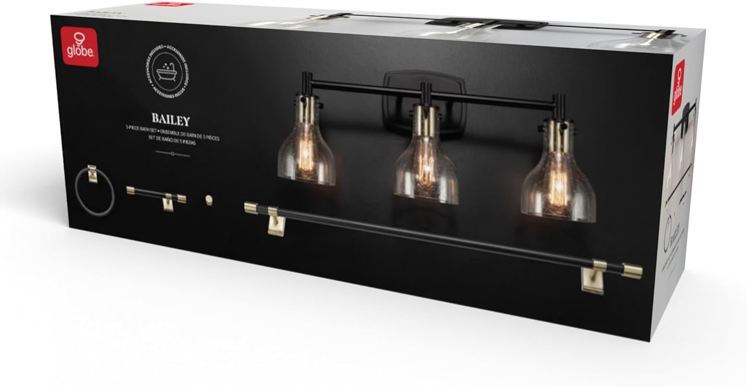 image:imageGlobe Electric 51234 5Piece AllinOne Bathroom Set Chrome 23 3Light Vanity Wall Light with Clear Glass Shades Towel Bar and Ring Robe Hook Toilet Paper Holder Beauty Room AccessoriesMatte Black Bailey 5Piece
