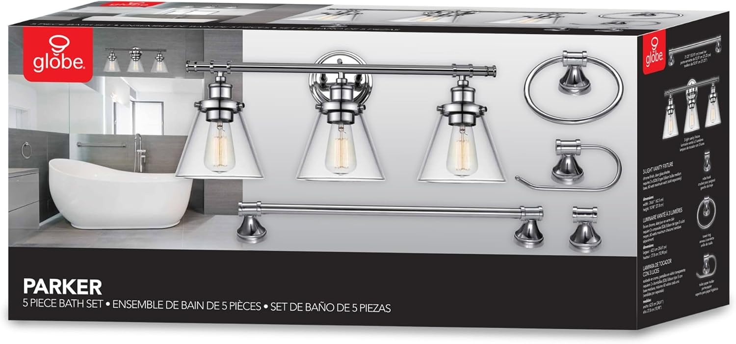 image:imageGlobe Electric 51234 5Piece AllinOne Bathroom Set Chrome 23 3Light Vanity Wall Light with Clear Glass Shades Towel Bar and Ring Robe Hook Toilet Paper Holder Beauty Room AccessoriesChrome Parker
