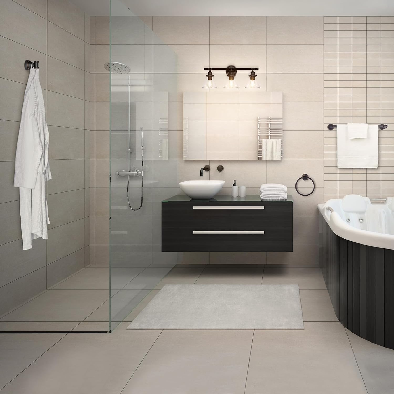 image:imageGlobe Electric 51234 5Piece AllinOne Bathroom Set Chrome 23 3Light Vanity Wall Light with Clear Glass Shades Towel Bar and Ring Robe Hook Toilet Paper Holder Beauty Room AccessoriesBronze Parker