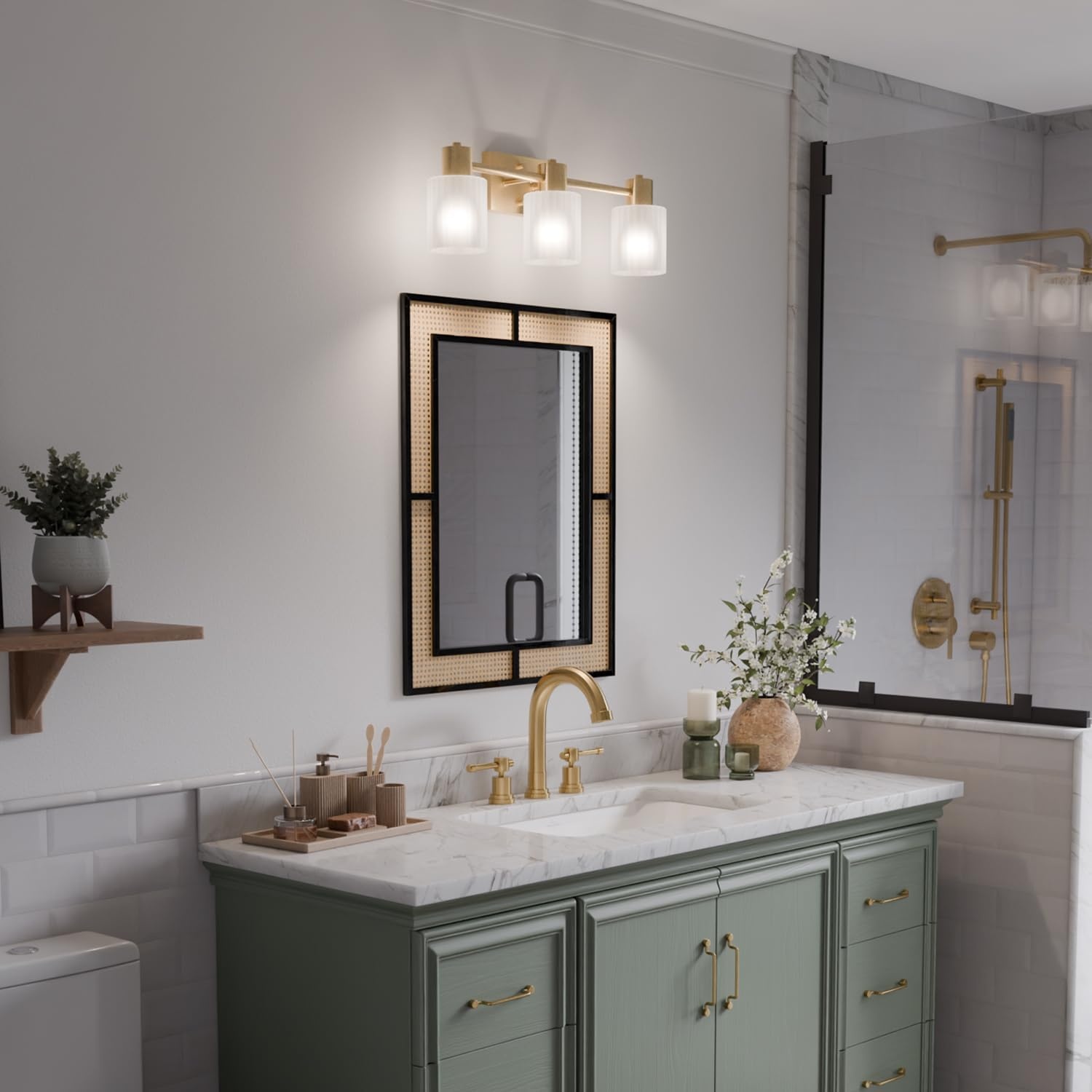 image:imageGlobe Electric 51234 5Piece AllinOne Bathroom Set Chrome 23 3Light Vanity Wall Light with Clear Glass Shades Towel Bar and Ring Robe Hook Toilet Paper Holder Beauty Room AccessoriesMatte Brass Frosted Ribbed Glass