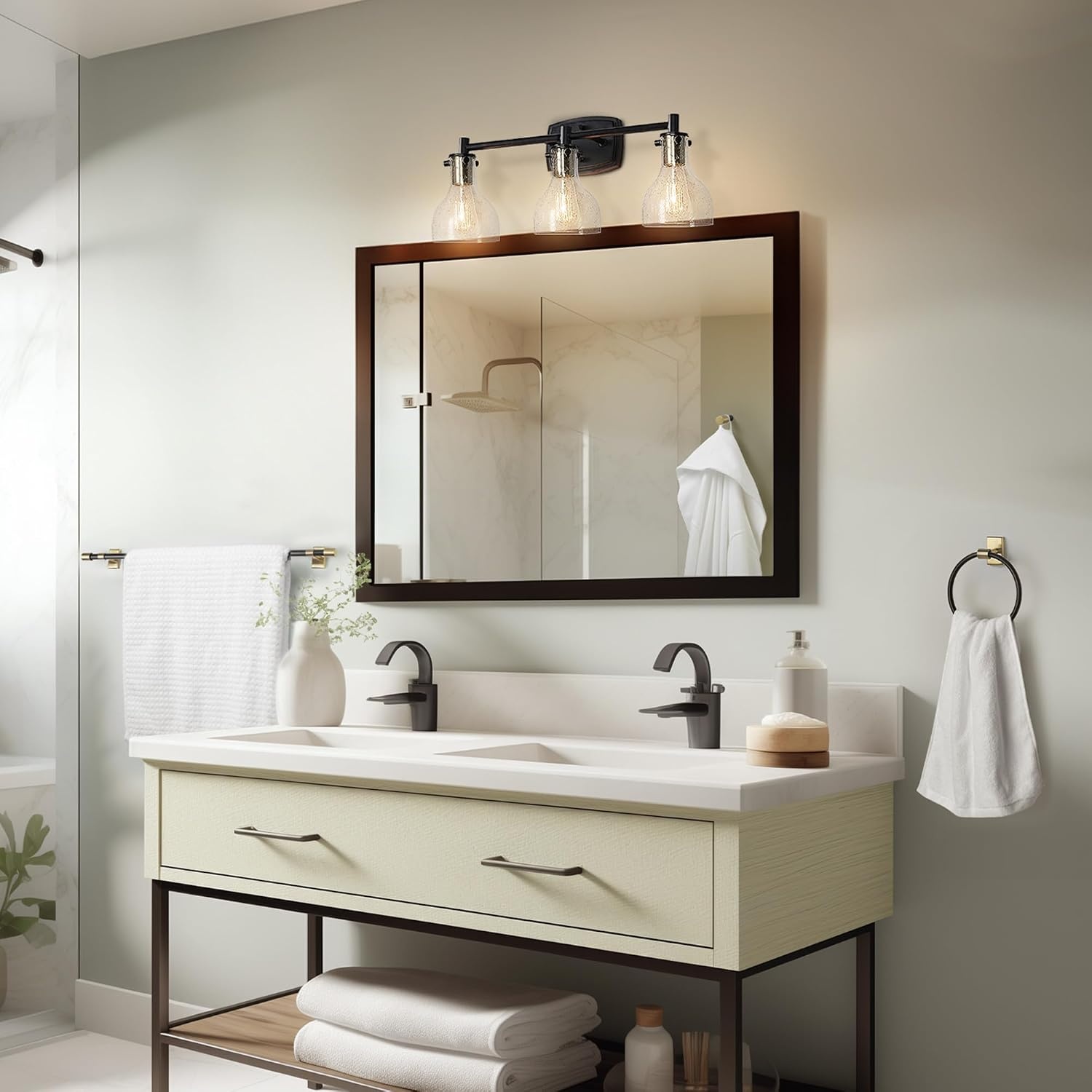image:imageGlobe Electric 51234 5Piece AllinOne Bathroom Set Chrome 23 3Light Vanity Wall Light with Clear Glass Shades Towel Bar and Ring Robe Hook Toilet Paper Holder Beauty Room AccessoriesMatte Black Bailey 5Piece