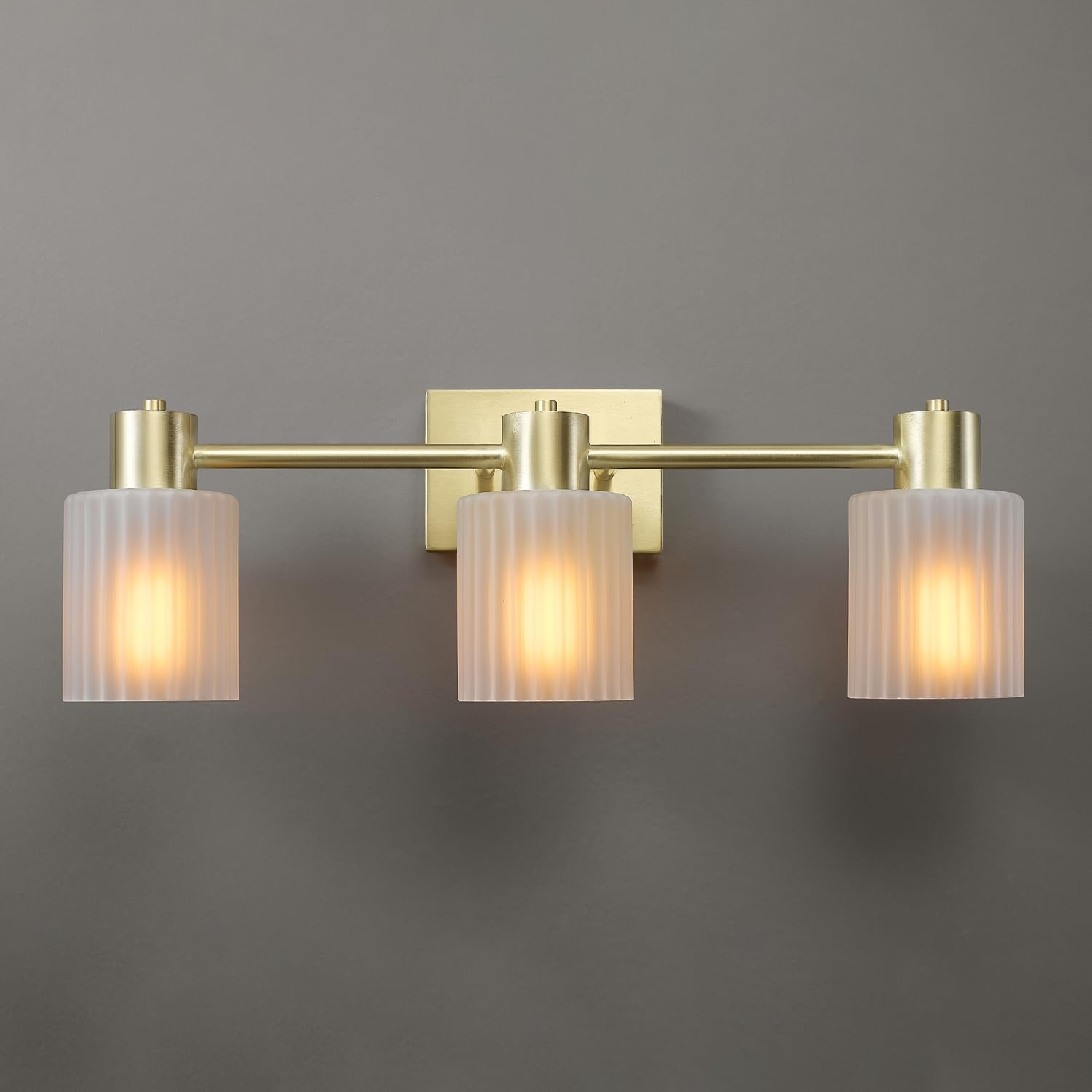 image:imageGlobe Electric 51234 5Piece AllinOne Bathroom Set Chrome 23 3Light Vanity Wall Light with Clear Glass Shades Towel Bar and Ring Robe Hook Toilet Paper Holder Beauty Room AccessoriesMatte Brass Frosted Ribbed Glass