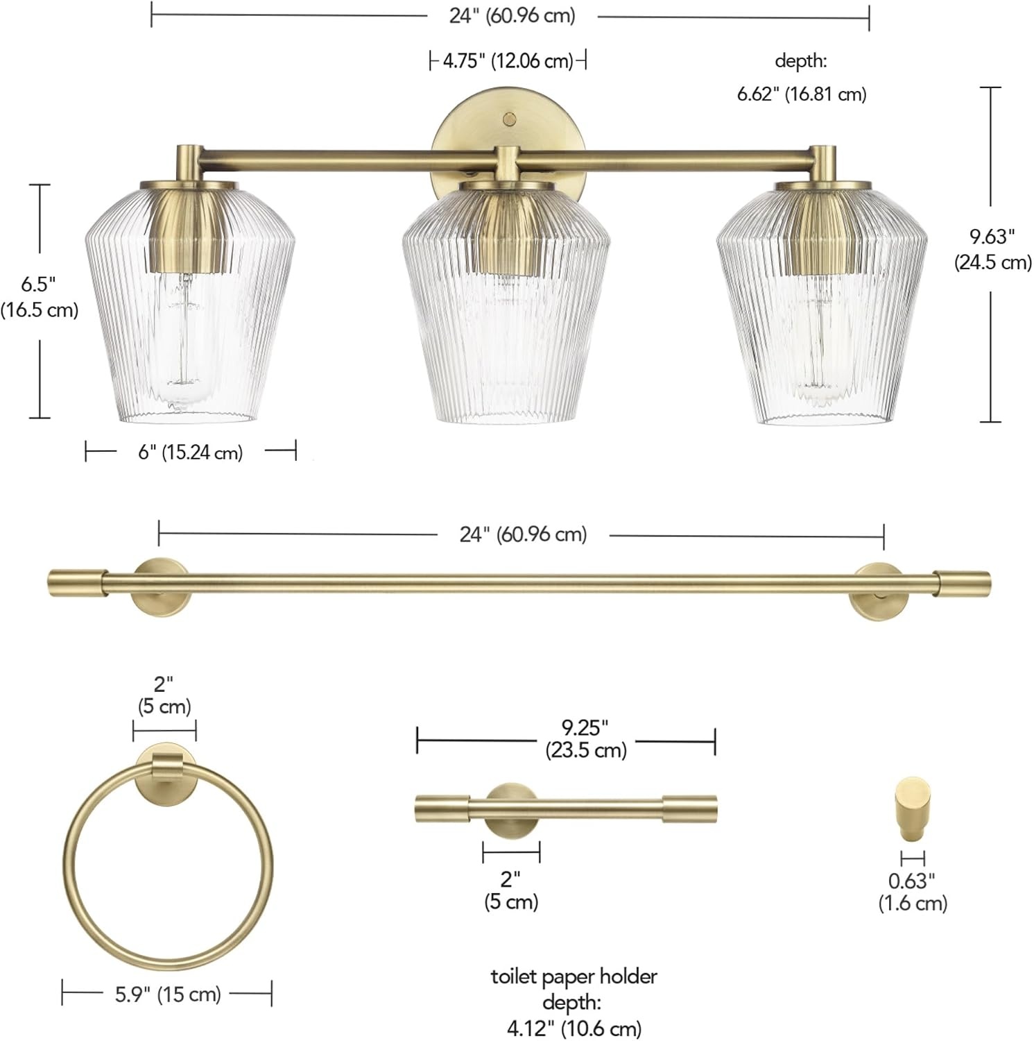 image:imageGlobe Electric 51234 5Piece AllinOne Bathroom Set Chrome 23 3Light Vanity Wall Light with Clear Glass Shades Towel Bar and Ring Robe Hook Toilet Paper Holder Beauty Room AccessoriesBrass
