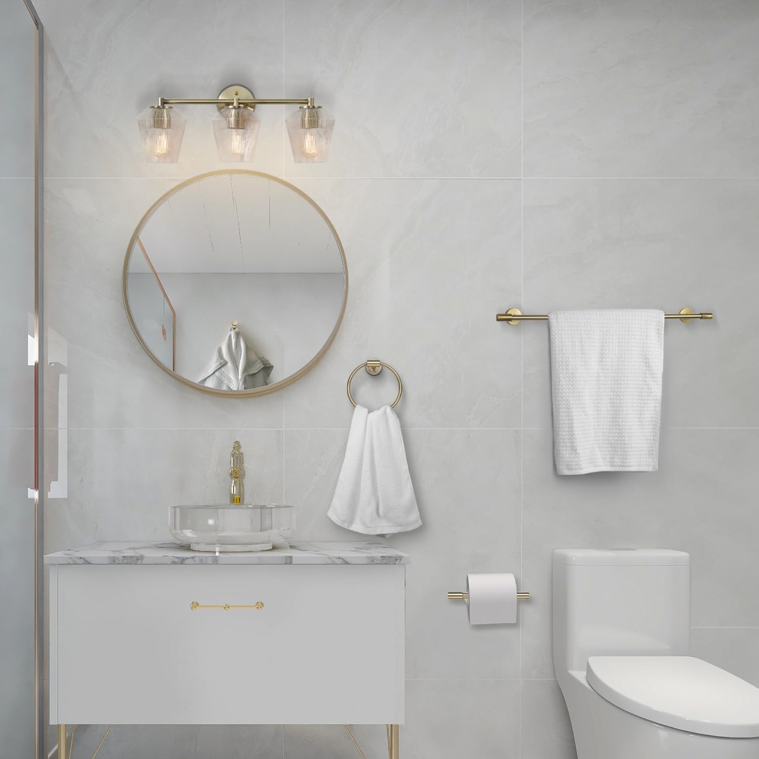 image:imageGlobe Electric 51234 5Piece AllinOne Bathroom Set Chrome 23 3Light Vanity Wall Light with Clear Glass Shades Towel Bar and Ring Robe Hook Toilet Paper Holder Beauty Room AccessoriesBrass