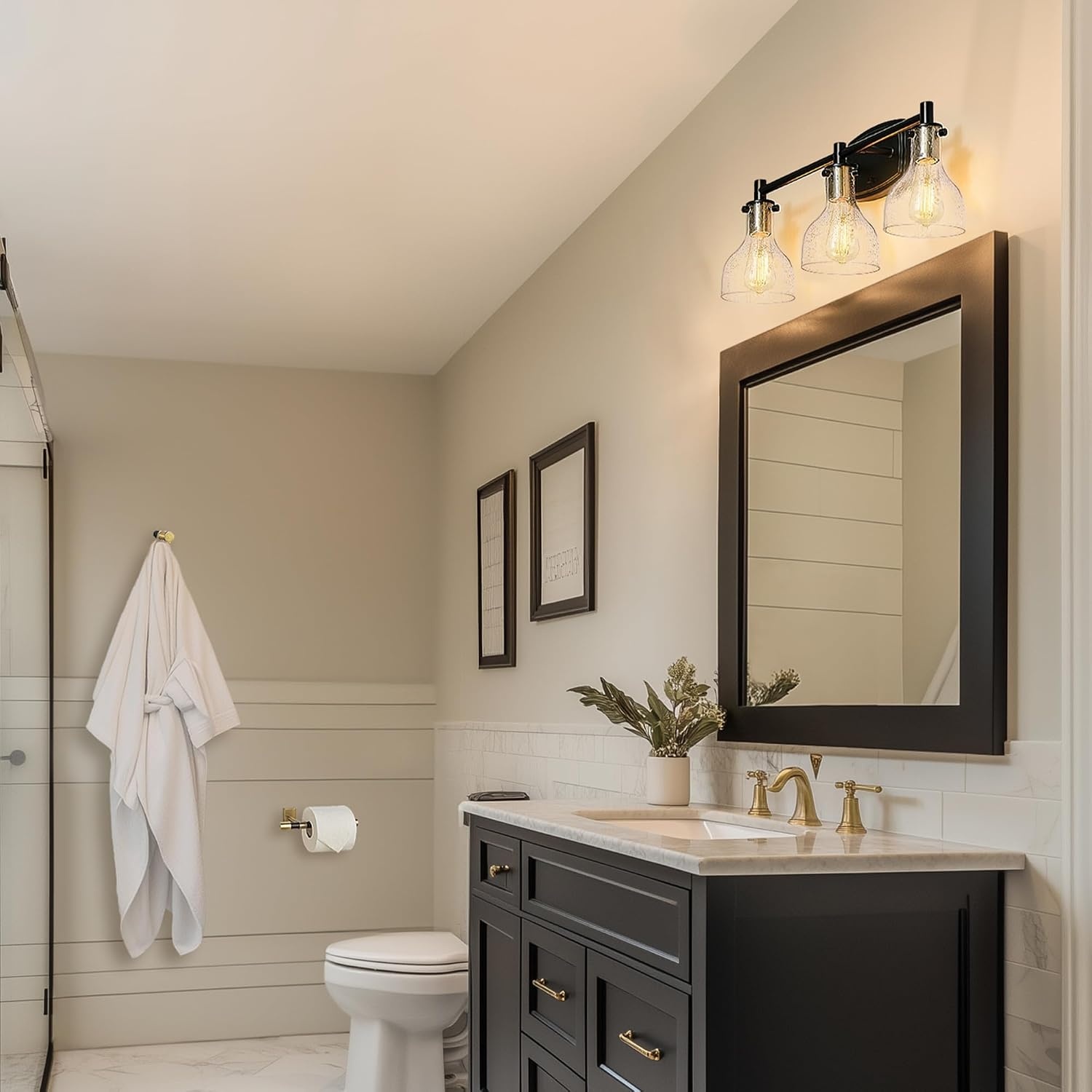 image:imageGlobe Electric 51234 5Piece AllinOne Bathroom Set Chrome 23 3Light Vanity Wall Light with Clear Glass Shades Towel Bar and Ring Robe Hook Toilet Paper Holder Beauty Room AccessoriesMatte Black Bailey 5Piece